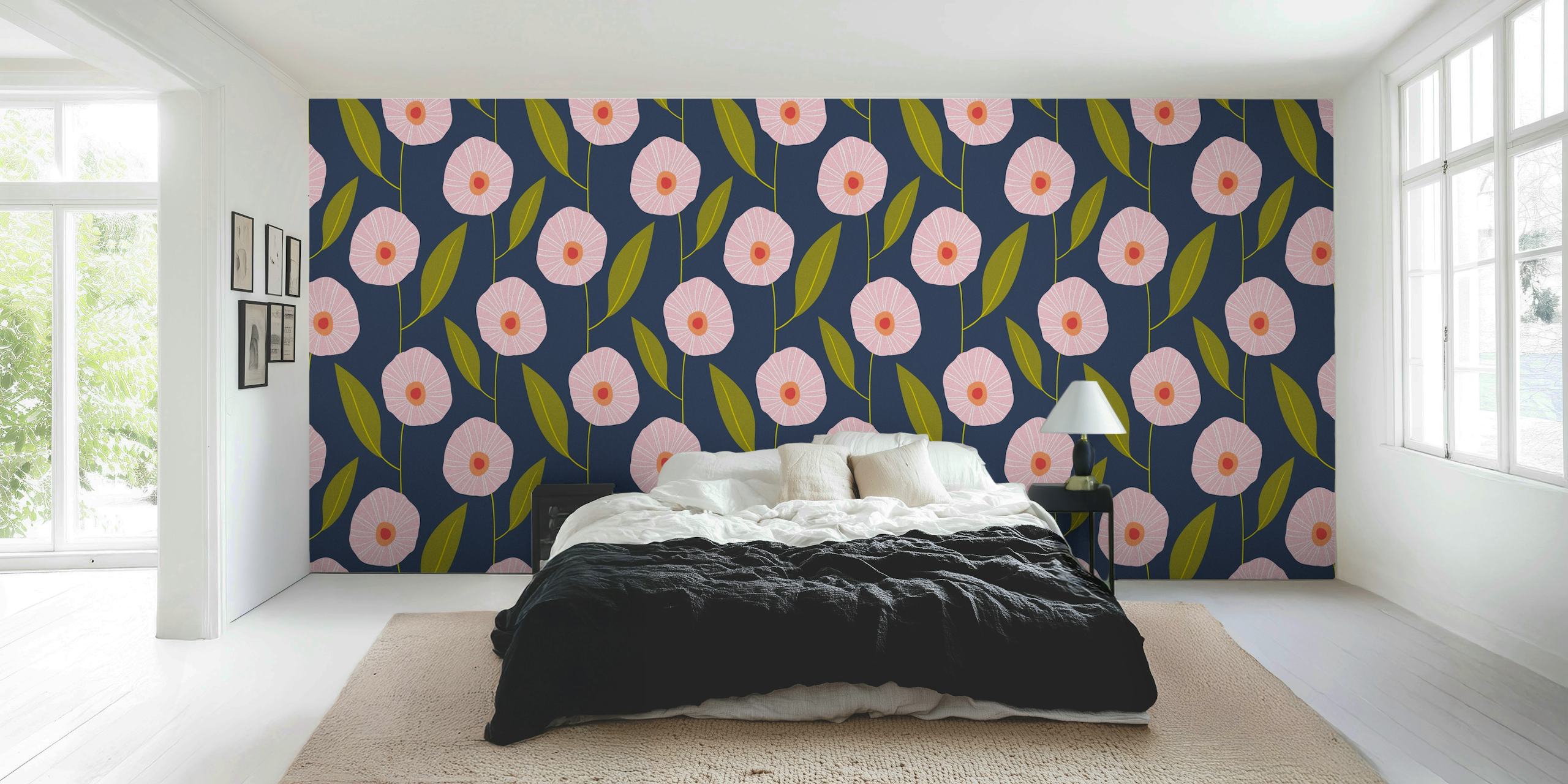 Pink flowers with green leaves on a dark blue background wallpaper