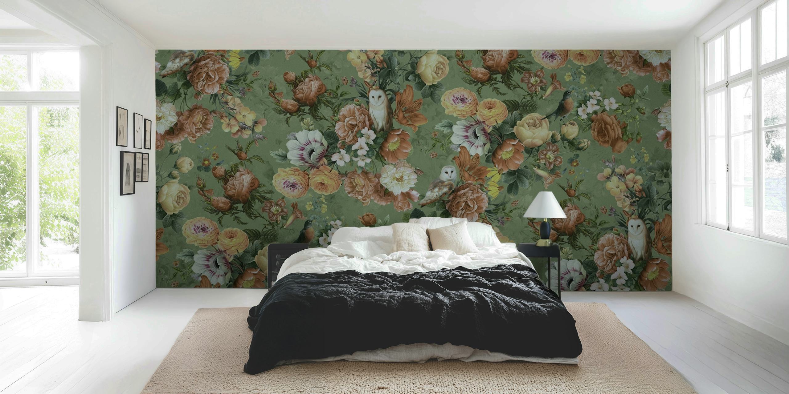 Owl and floral garden design in soft green and warm tones wallpaper