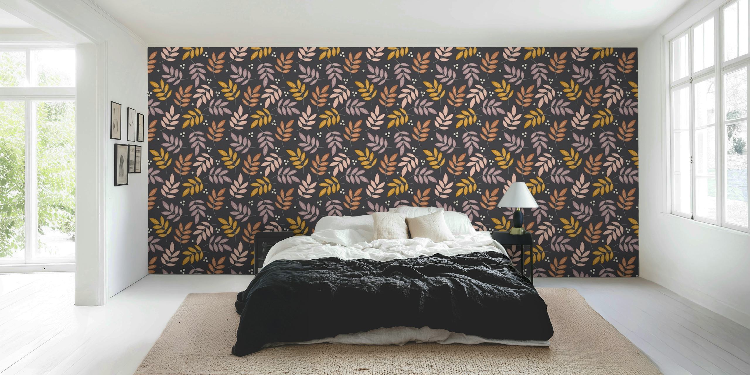 Estético mural de pared de hojas cayendo sobre un fondo de medianoche, perfecto para decoración de interiores.