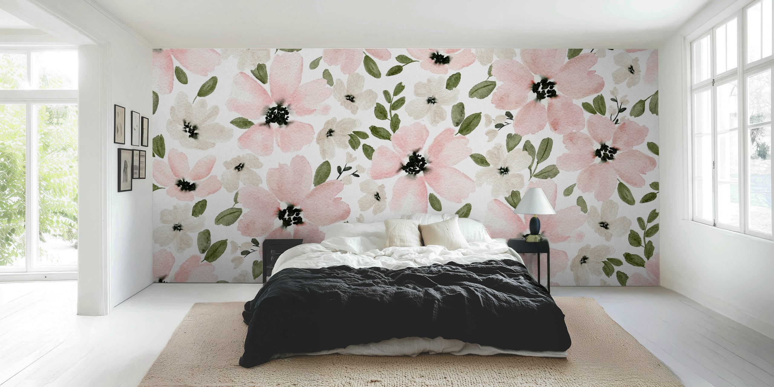 Watercolor floral wallpaper featuring pink and white flowers with green leaves