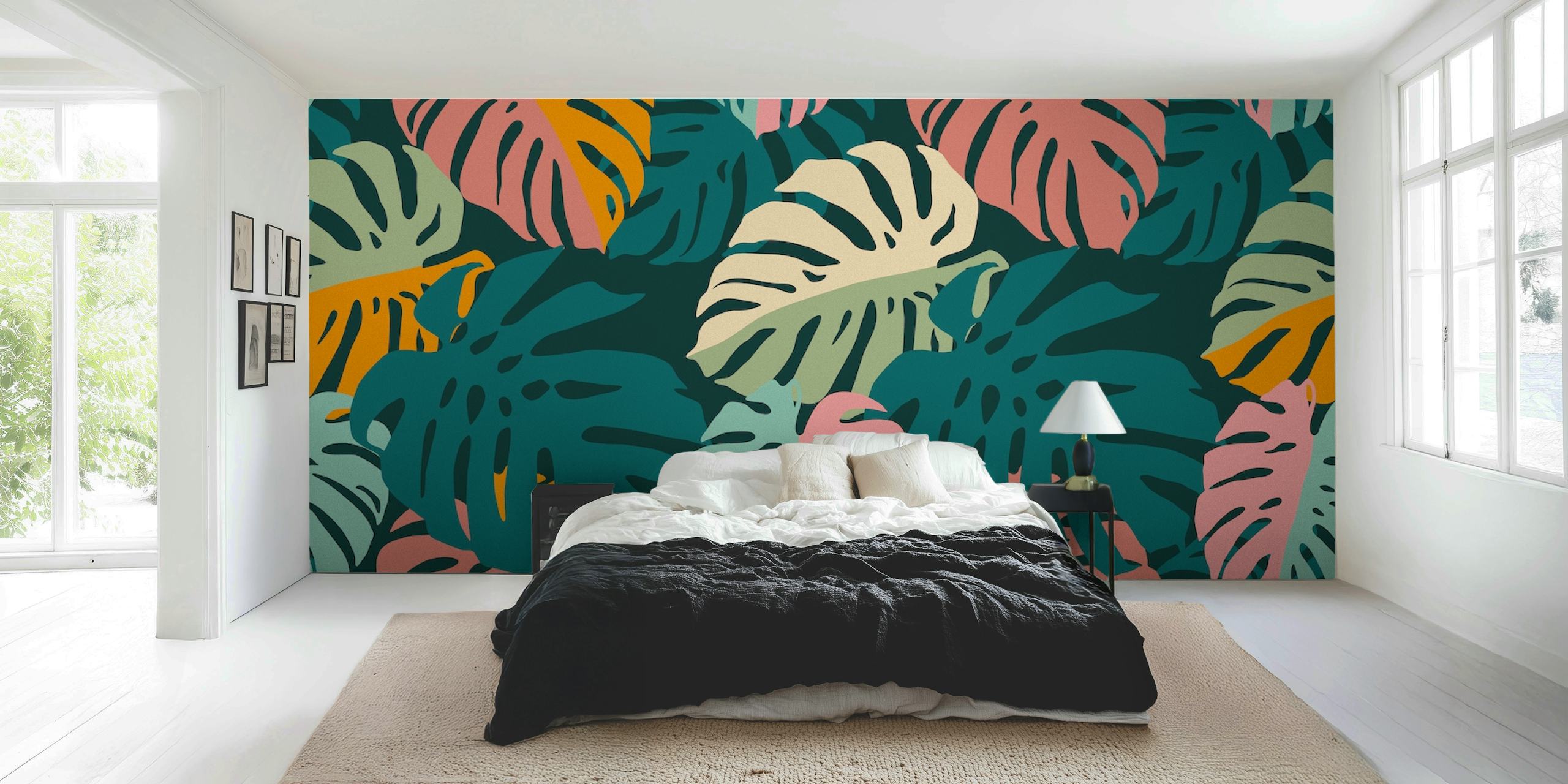 Tropical monstera leaves in green, pink, and orange colors wallpaper
