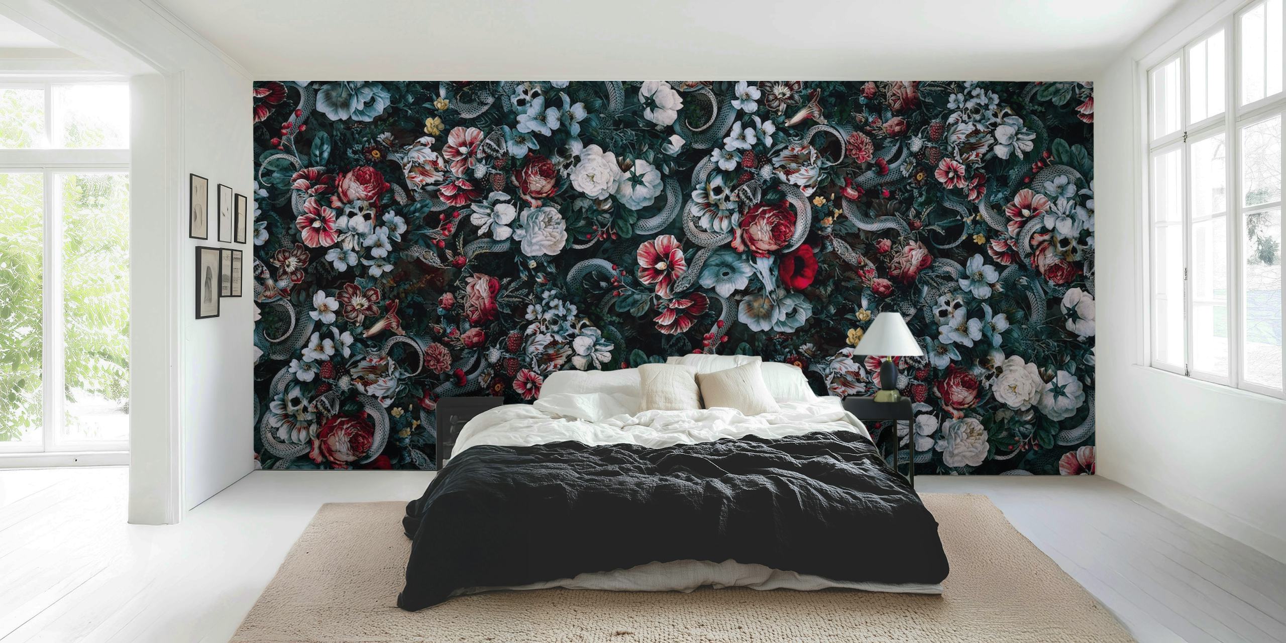 Floral pattern with skulls and snakes in dark colors wallpaper