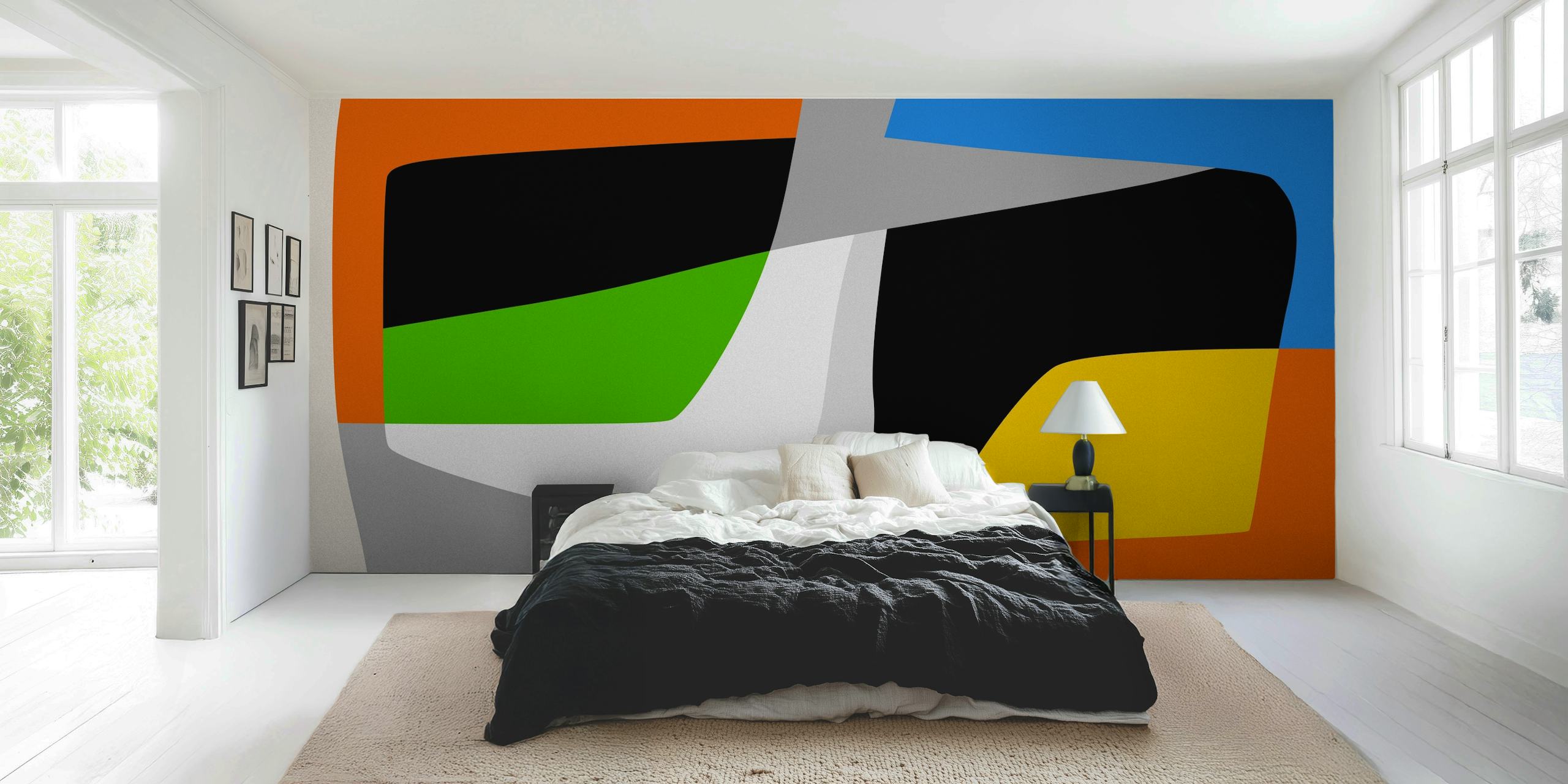 Colorful geometric shapes in black, green, gray, orange, and blue wallpaper