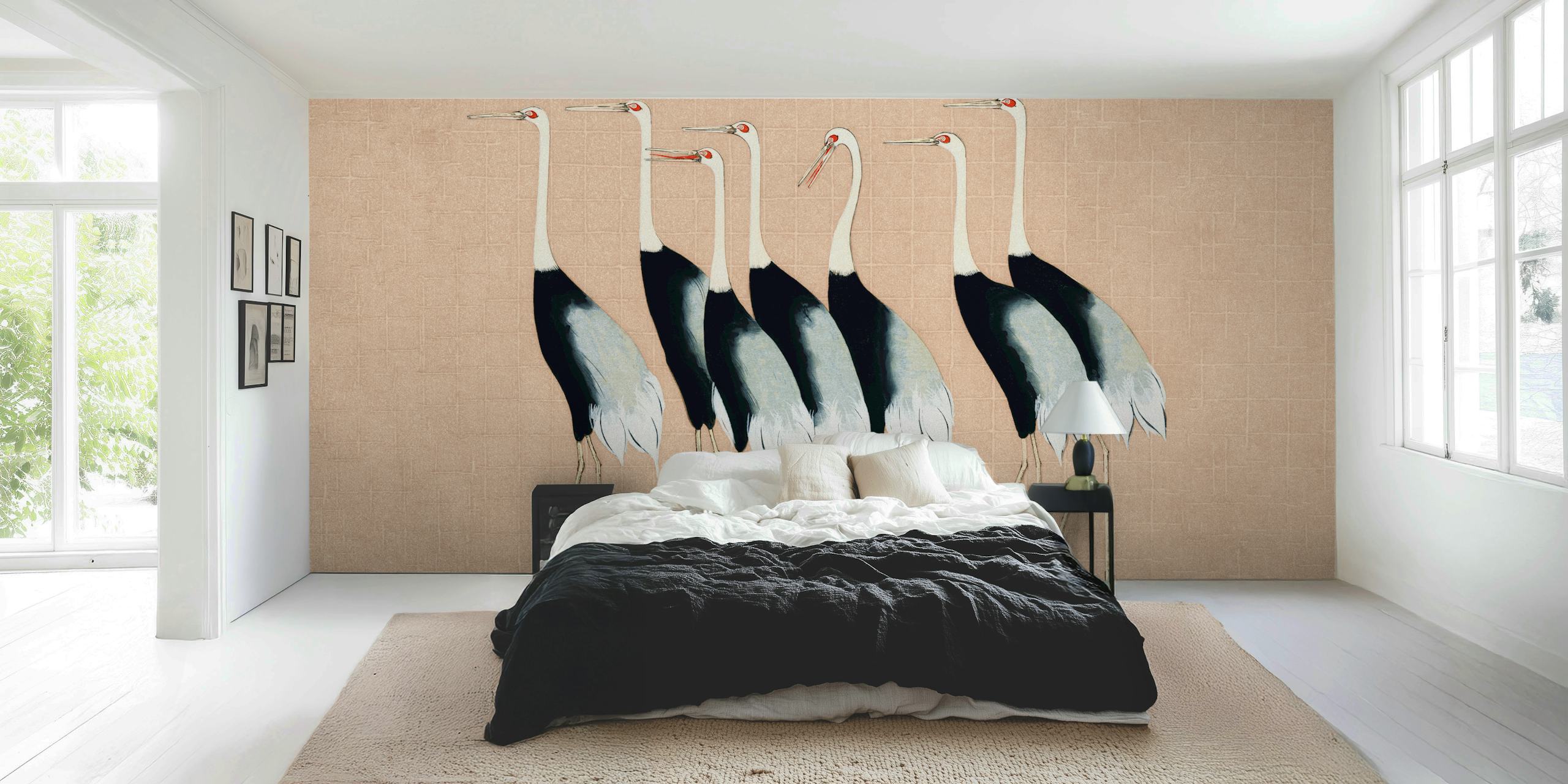 Japan cranes in black and white on cream wallpaper