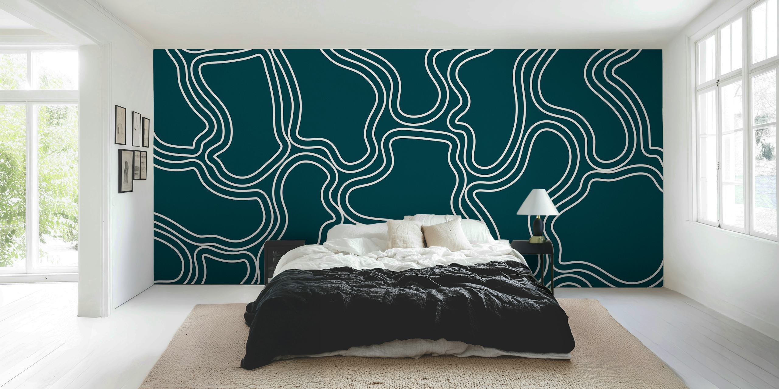 Mid-century style wall mural with organic stripes in teal and white colors