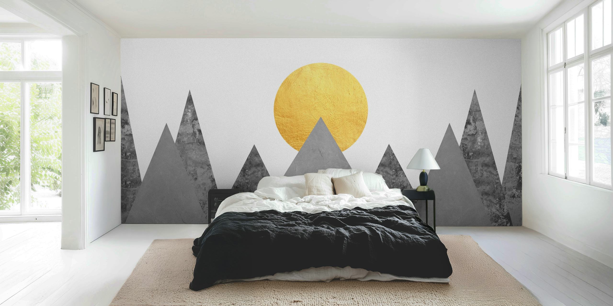 Gray marble mountain wallpaper with gold sun