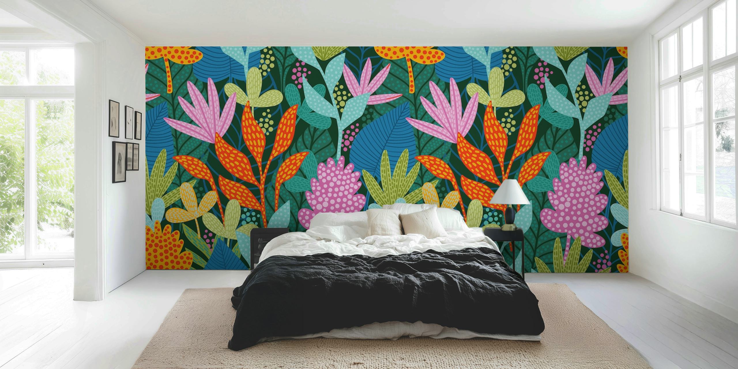 Bunte florale Tapete mit leuchtenden Farben und verschiedenen Pflanzenmustern