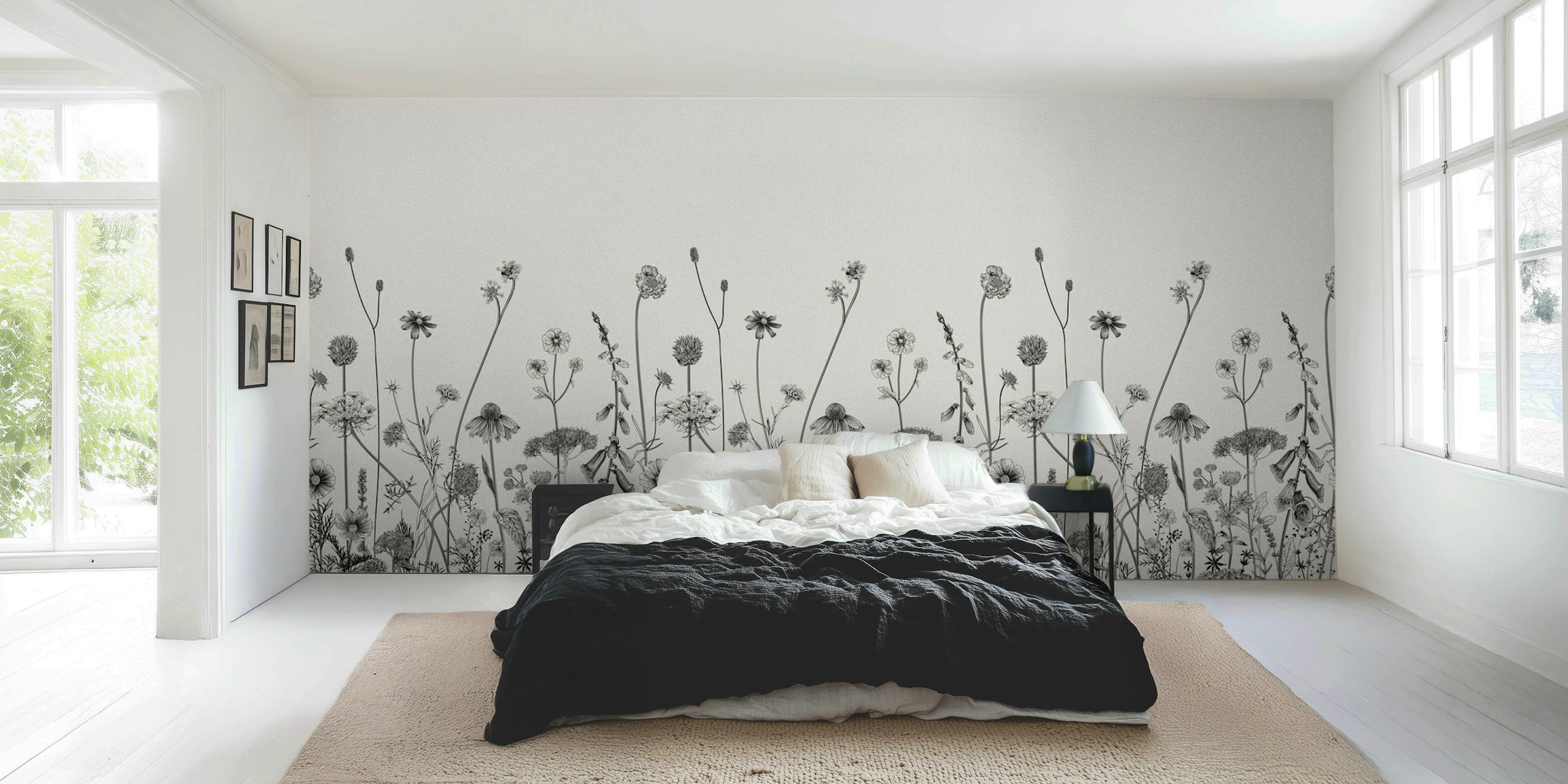 Black and white floral pattern wallpaper featuring tall flowers and grasses