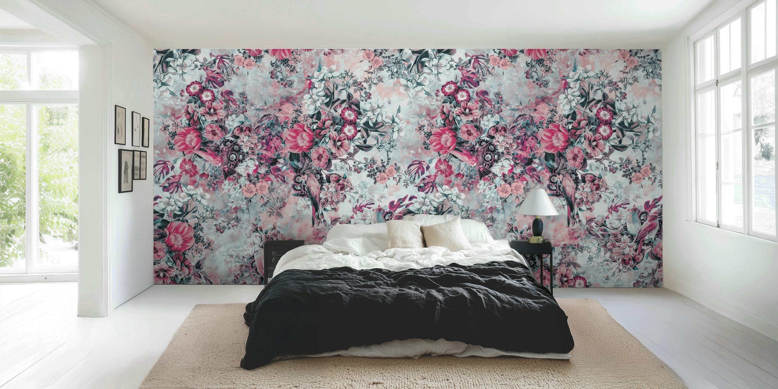 Birds surrounded by pink flowers and greenery in a vintage floral wallpaper