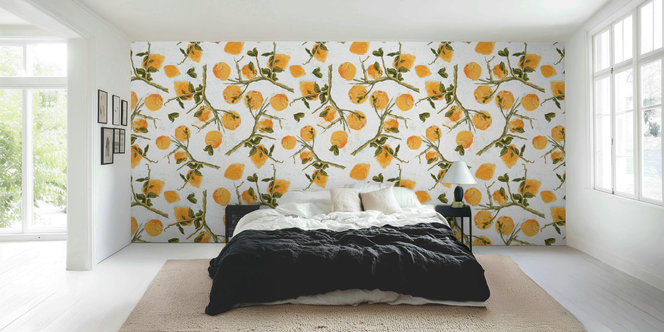 Lemons on White wall mural with illustrated citrus fruits and green leaves