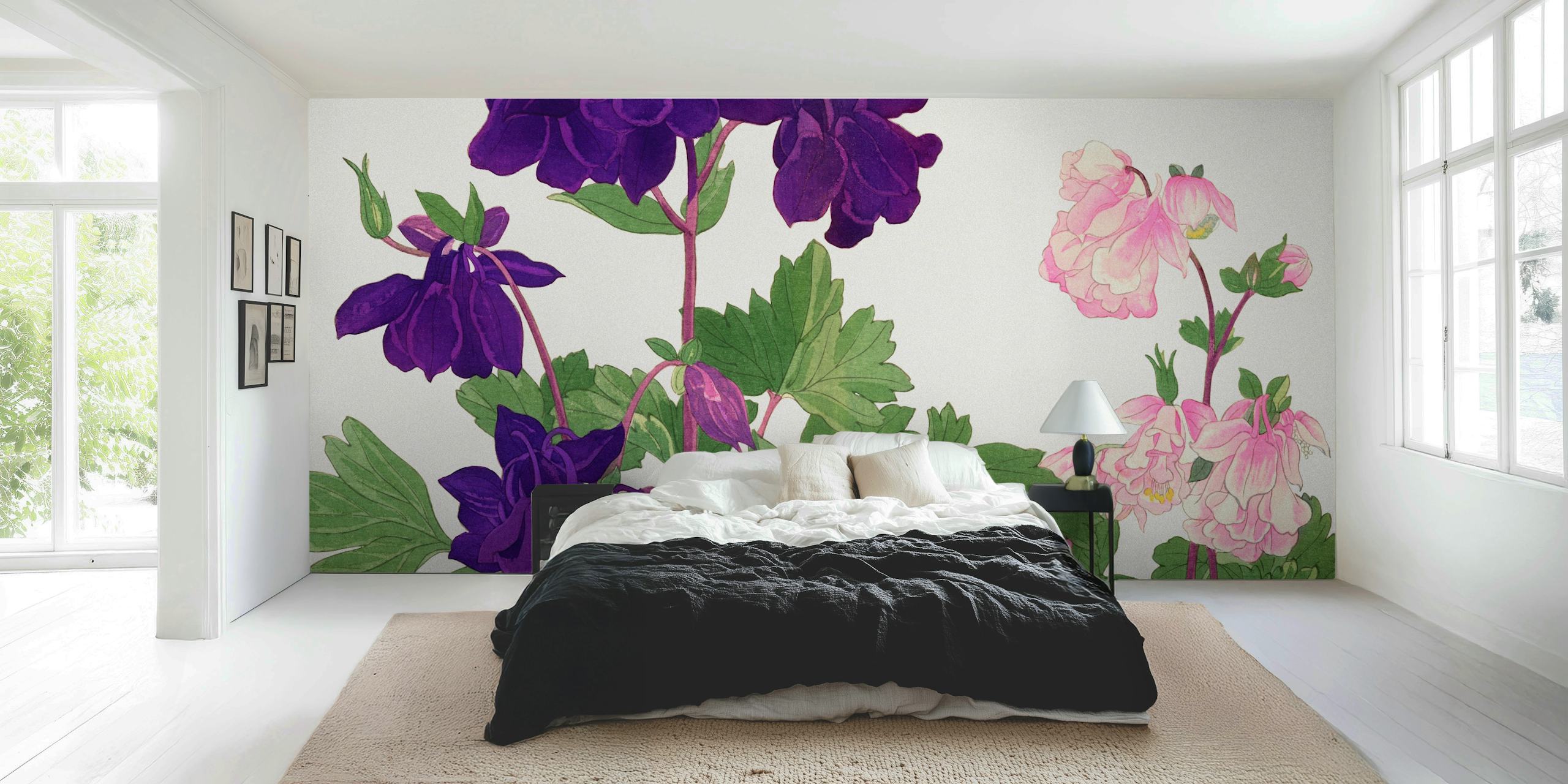 Scandinavian-inspired Scandi Gardens wall mural with purple and pink flowers