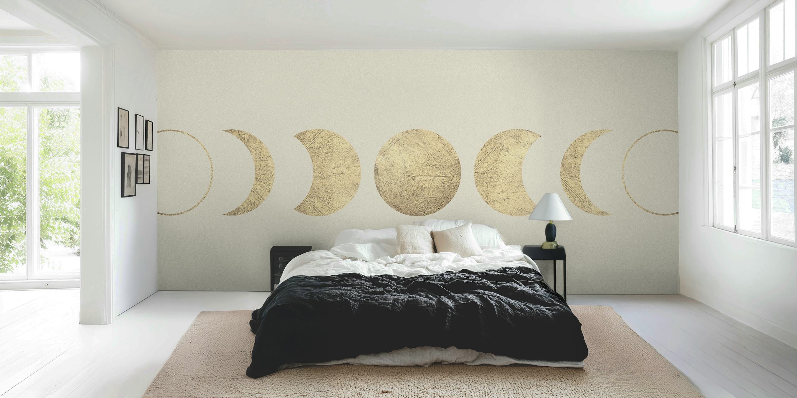 Gold moon phases design on a soft beige background wallpaper