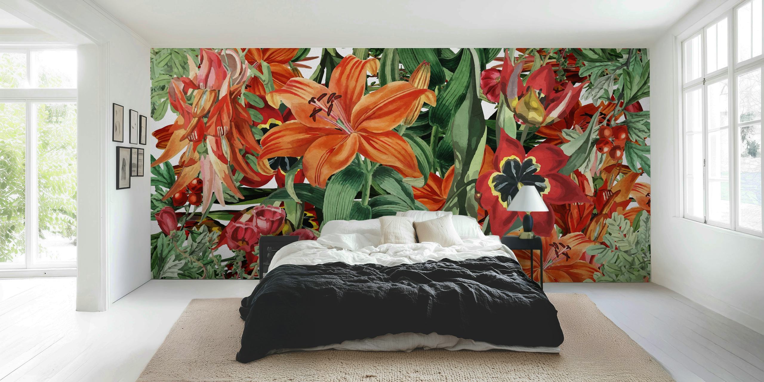 Colorful orange and green floral design wallpaper