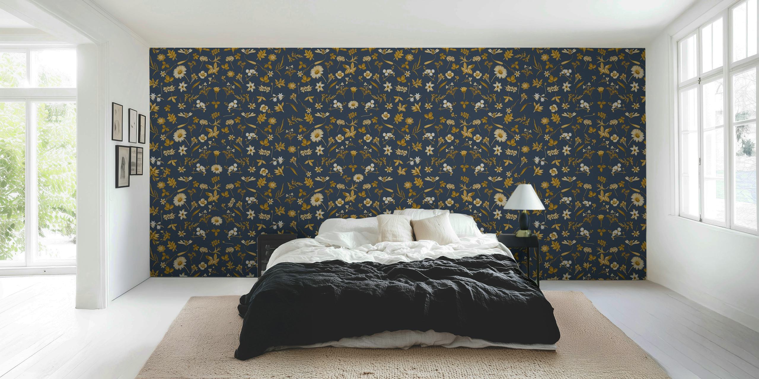 Navy floral wallpaper with gold and white flowers