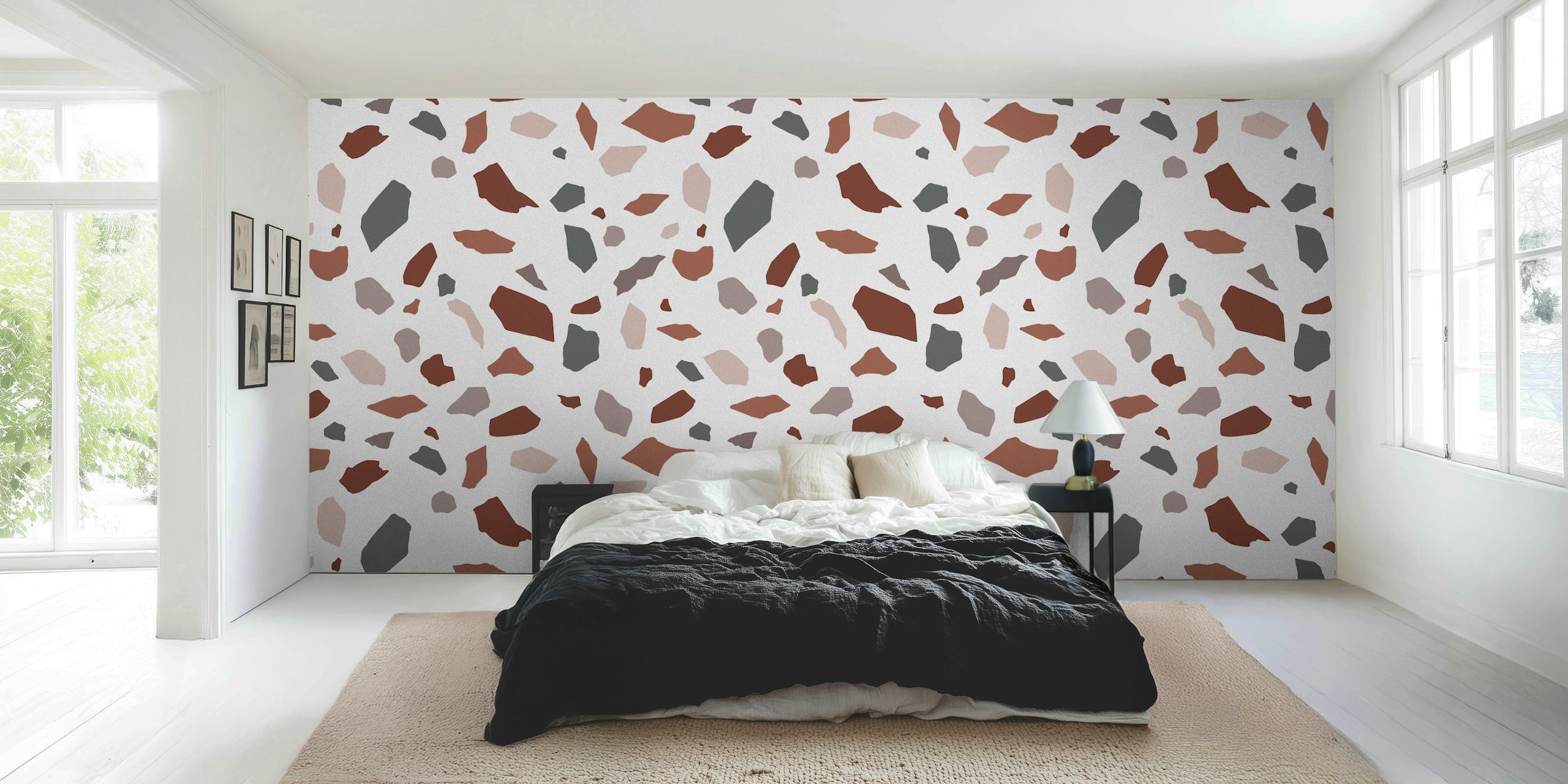 Mosaic Abstract 3 seinämaalaus maanläheisillä terrakotta-, pinkin ja harmaan sävyillä abstraktissa kuviossa