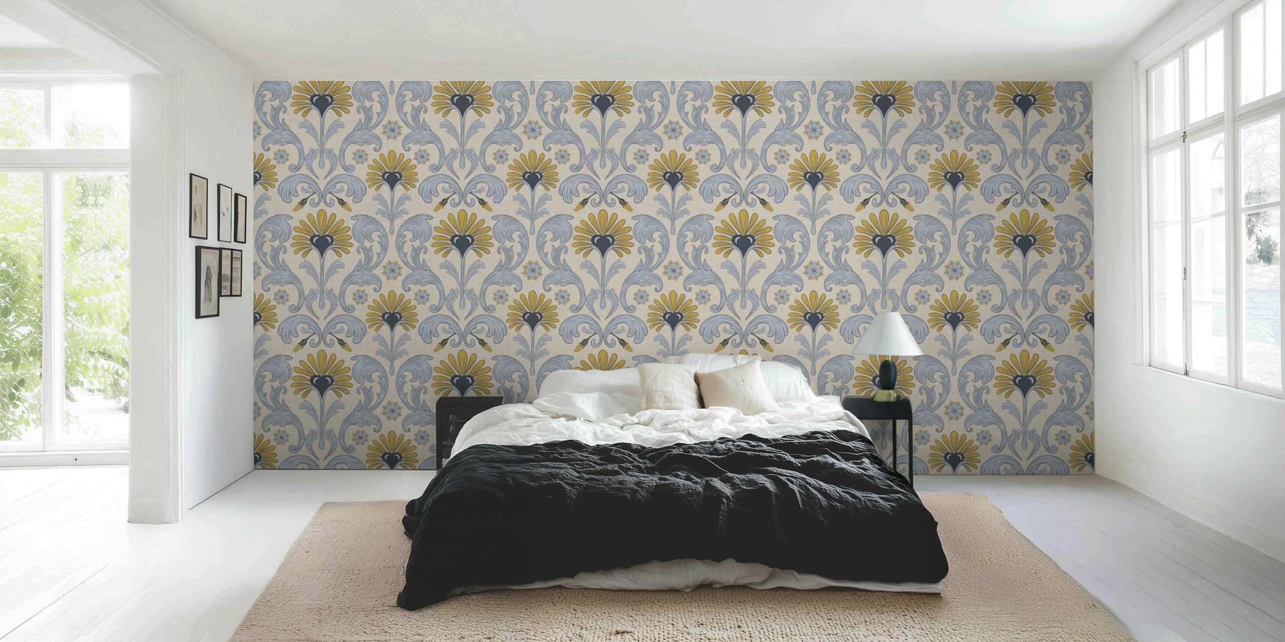 Mural de pared con motivos de mosaico victoriano y diseños ornamentados en azul y beige