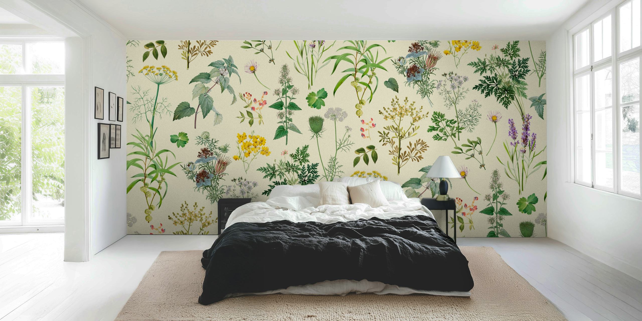 Floral herb garden design in pastel colors. Botanical wallpaper.