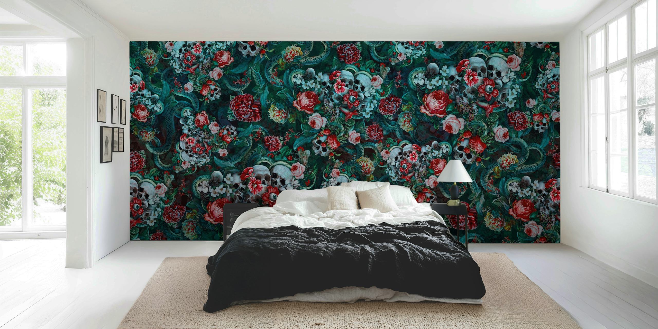 Dark floral wallpaper with skulls, red roses, and green foliage