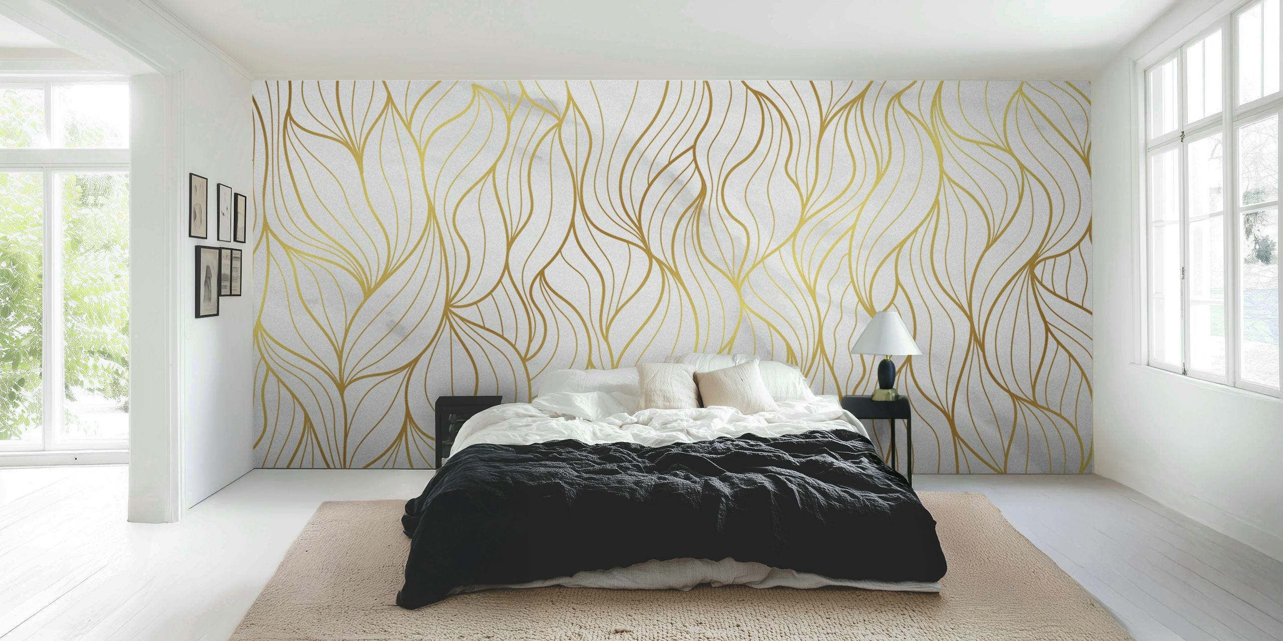 Gold floral patterns on white marble background wallpaper