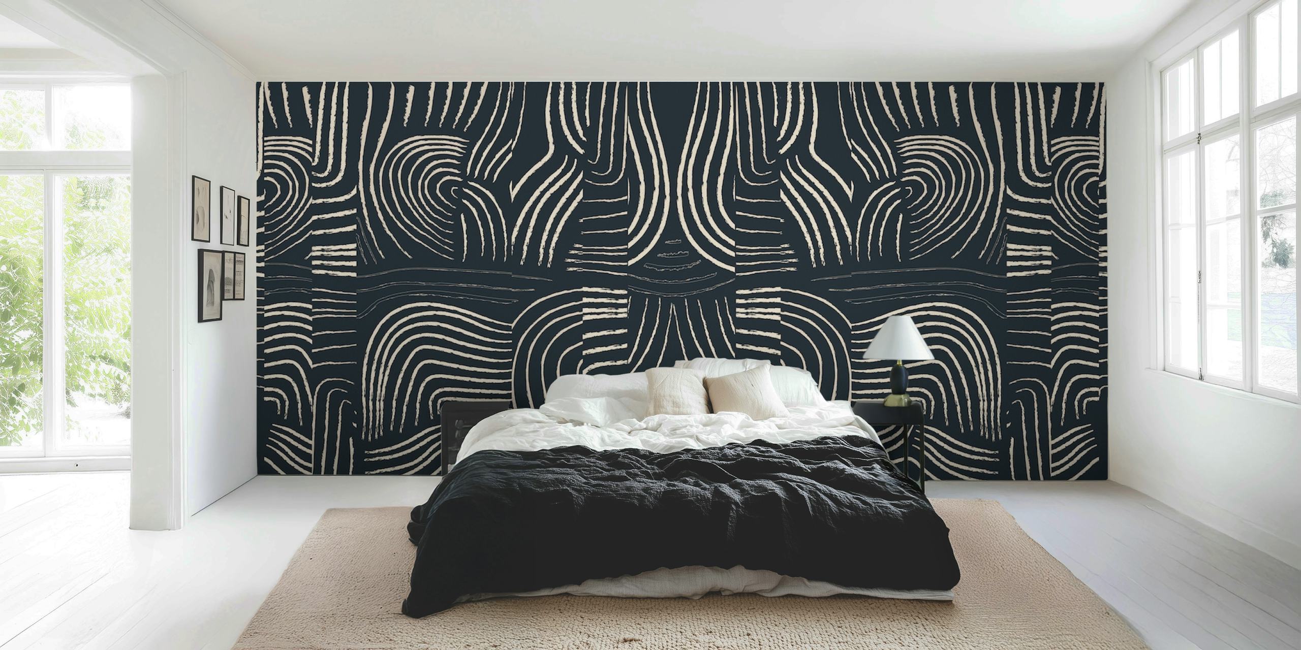 Abstract curved line patterns in black and white wallpaper