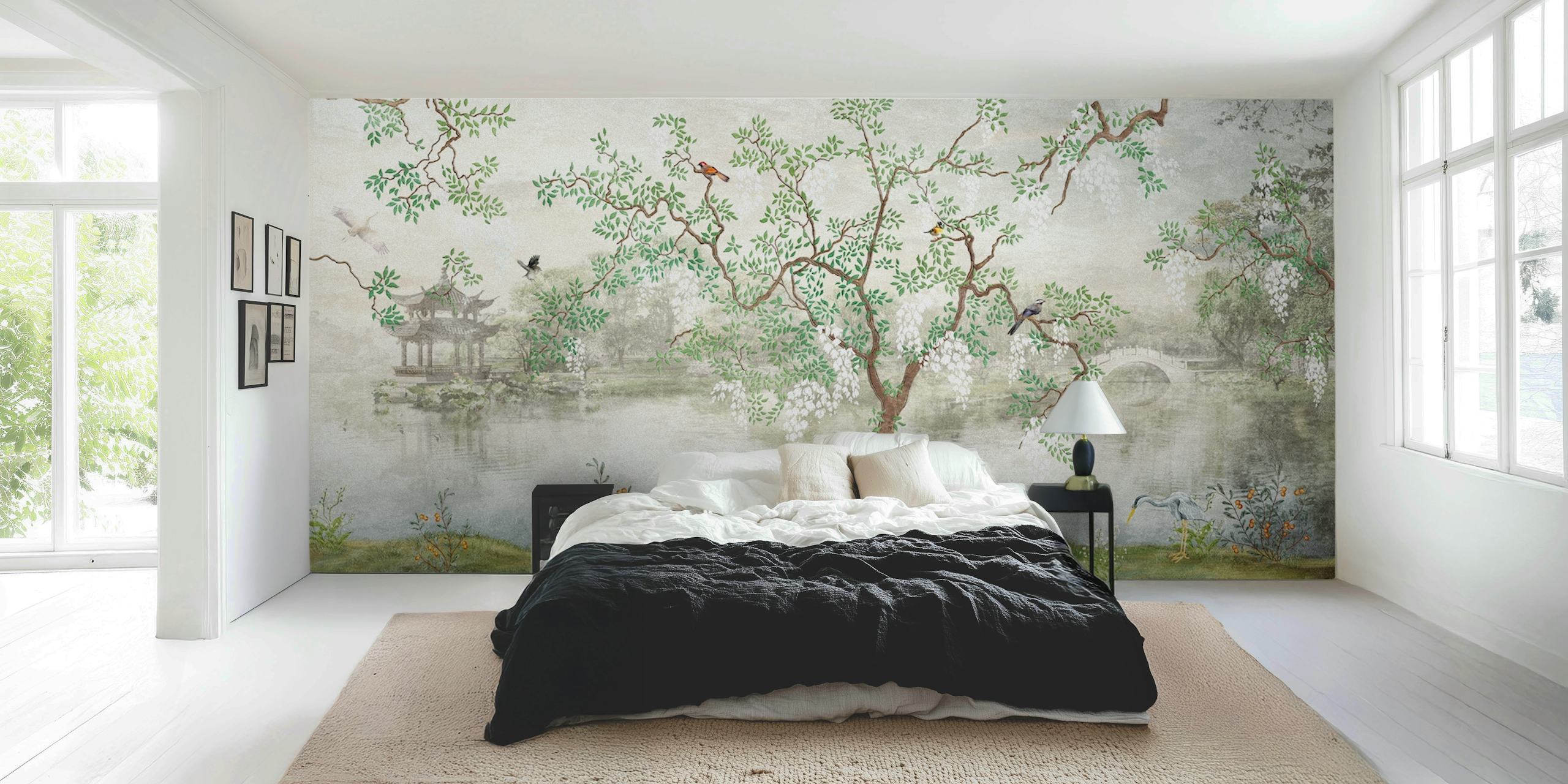 Japanese lake scene with flowering trees and birds wallpaper