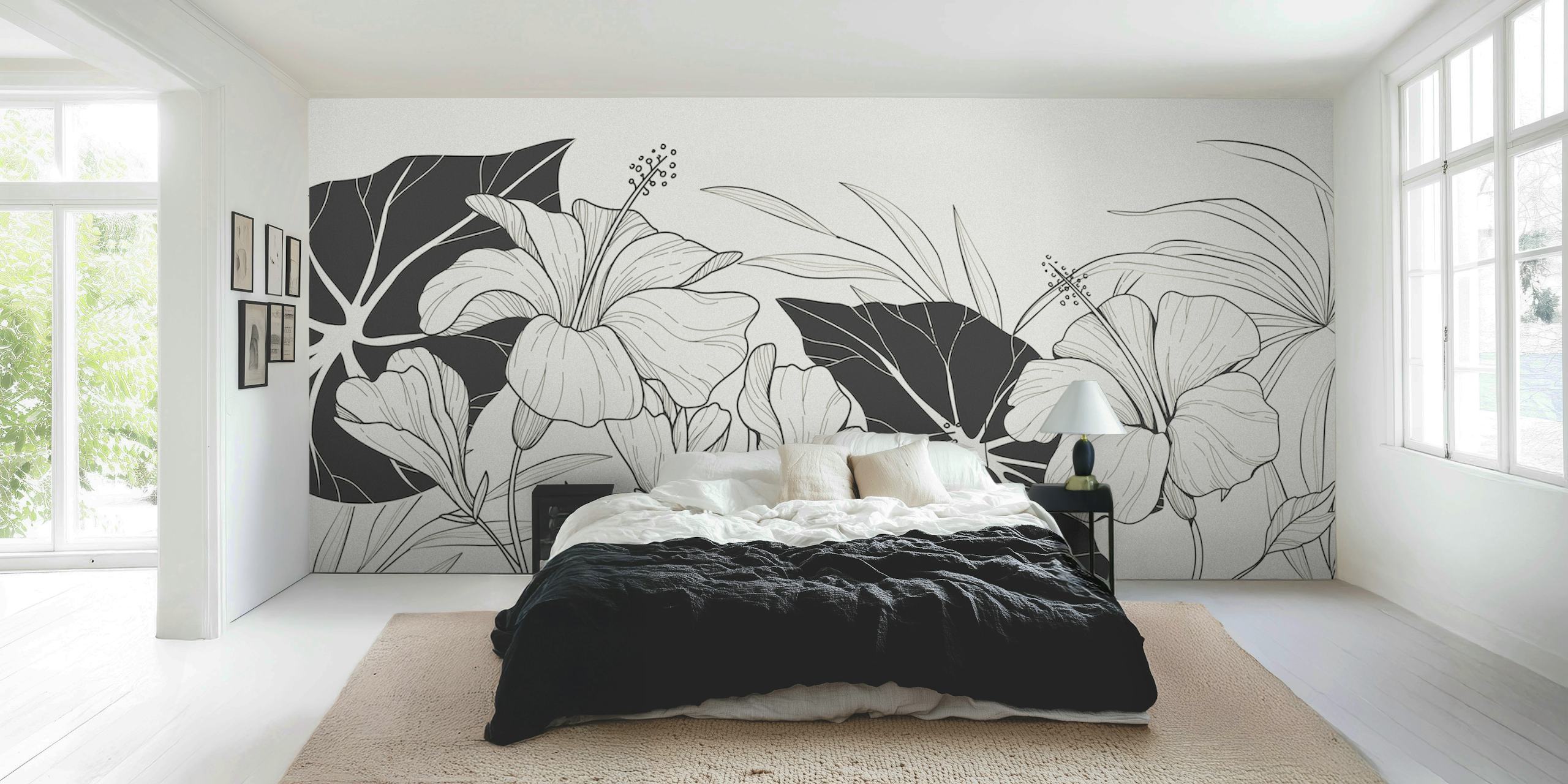 Black and white floral patterns with bold leaves and hibiscus flowers wallpaper