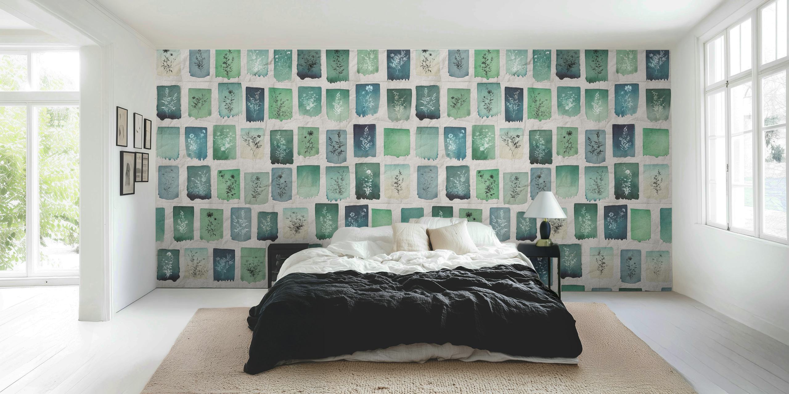Esemplari di erbario color smeraldo su murale di carta vintage