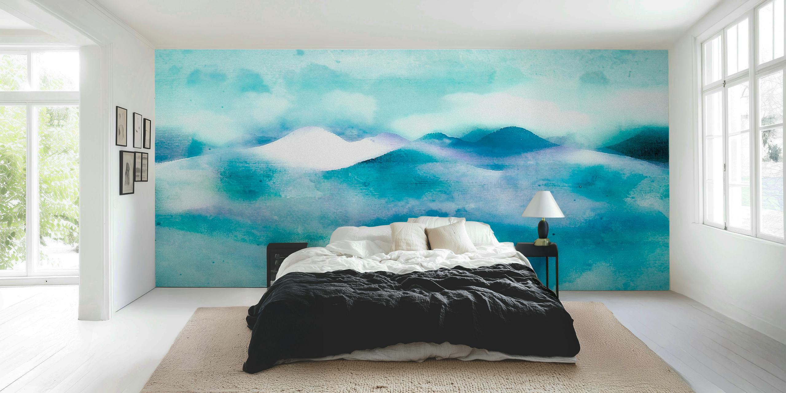 Papel de parede Misty Mountains Abstract exibido em uma sala