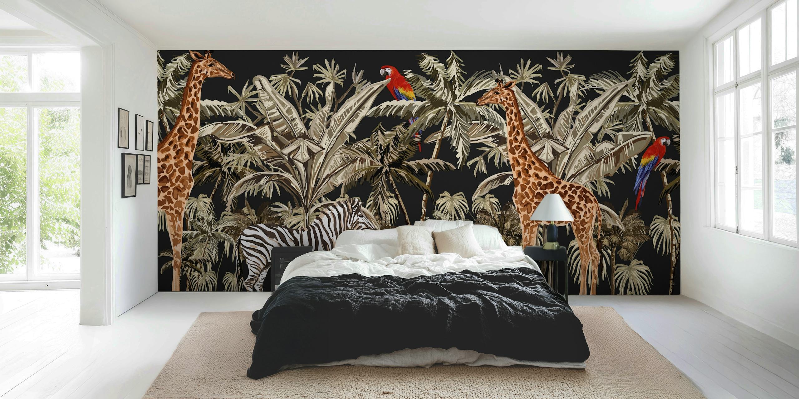 Jungle animals including giraffes and zebras in vibrant colors on black wallpaper