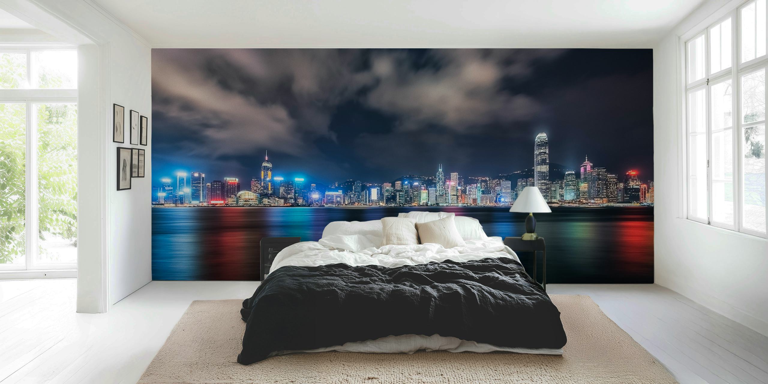 Fondo de pantalla de la línea del horizonte de Hong Kong en una habitación