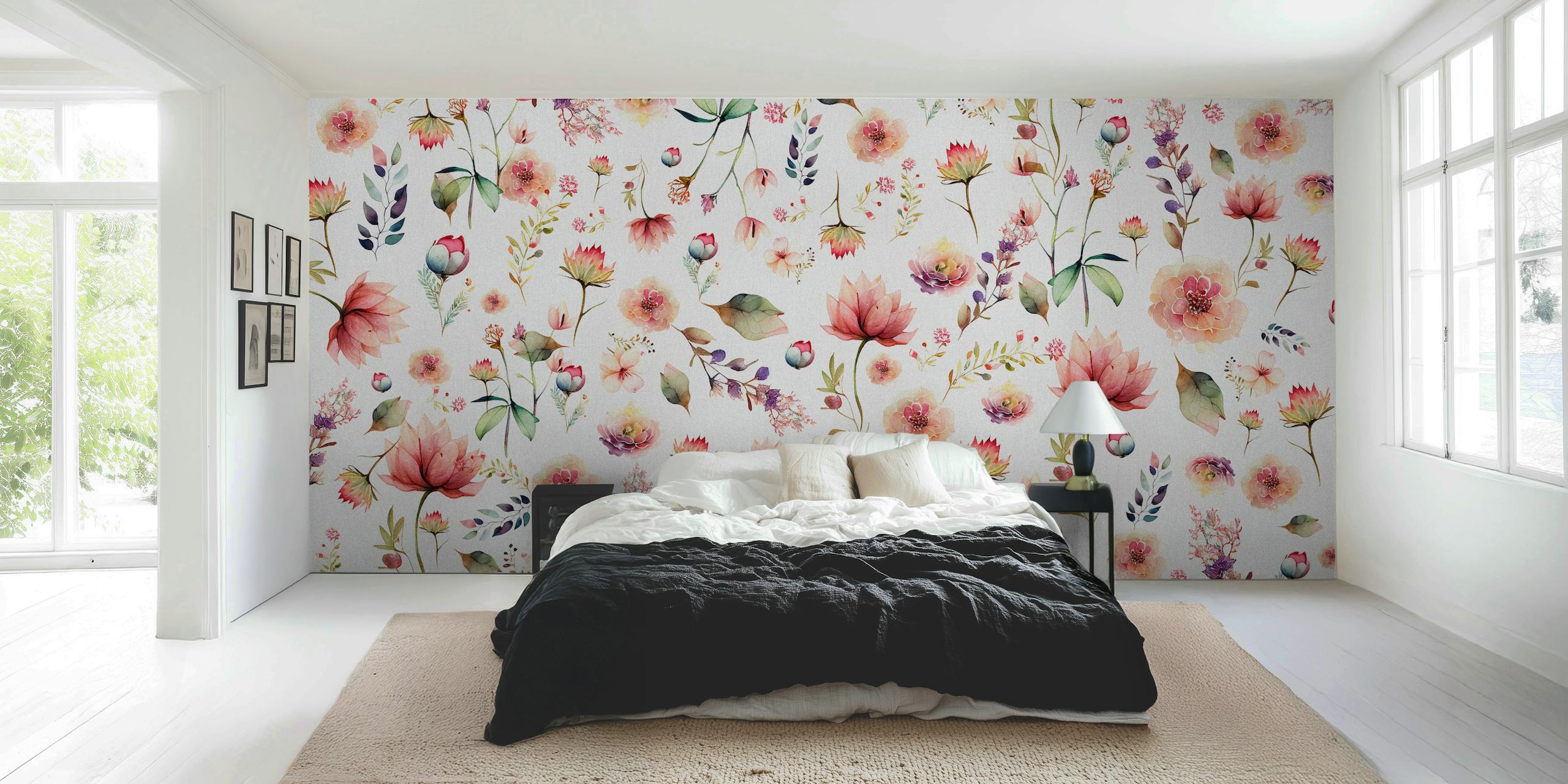 Pink floral patterns on a white background wallpaper