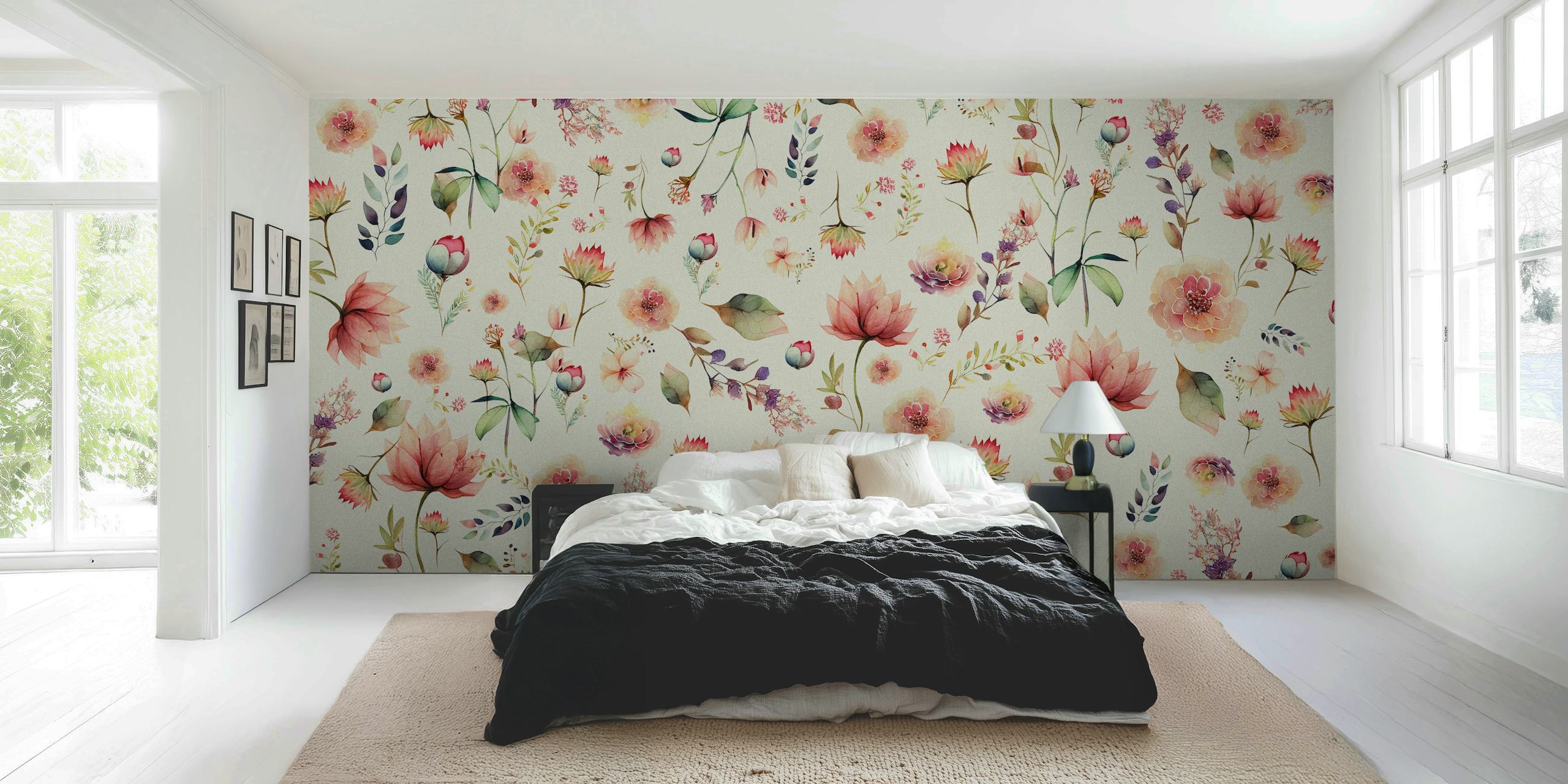 Floral botanic green wallpaper in a stylish room
