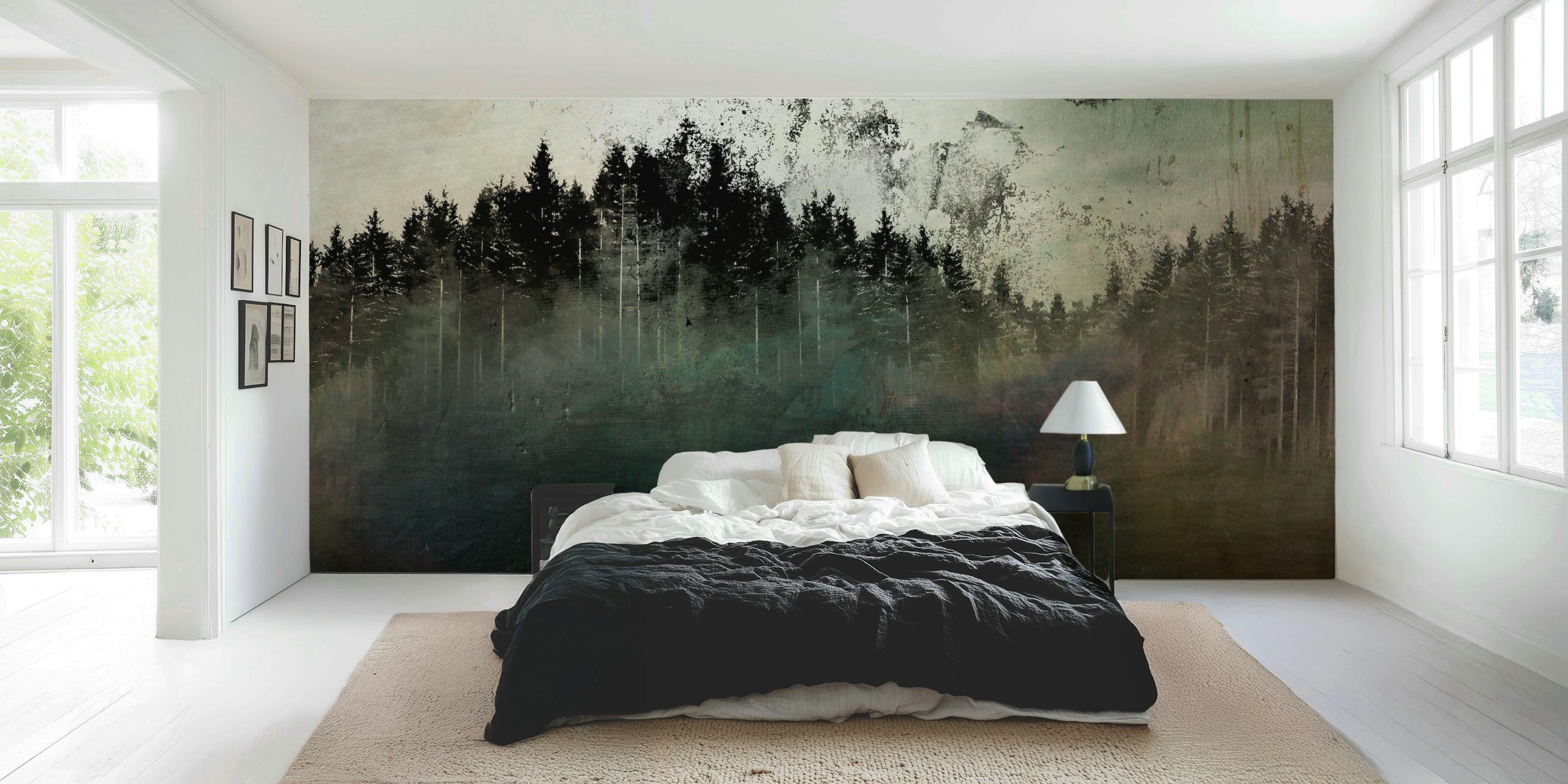 Papel de parede Nordic Dream Pine Forest Ink Grunge em um quarto