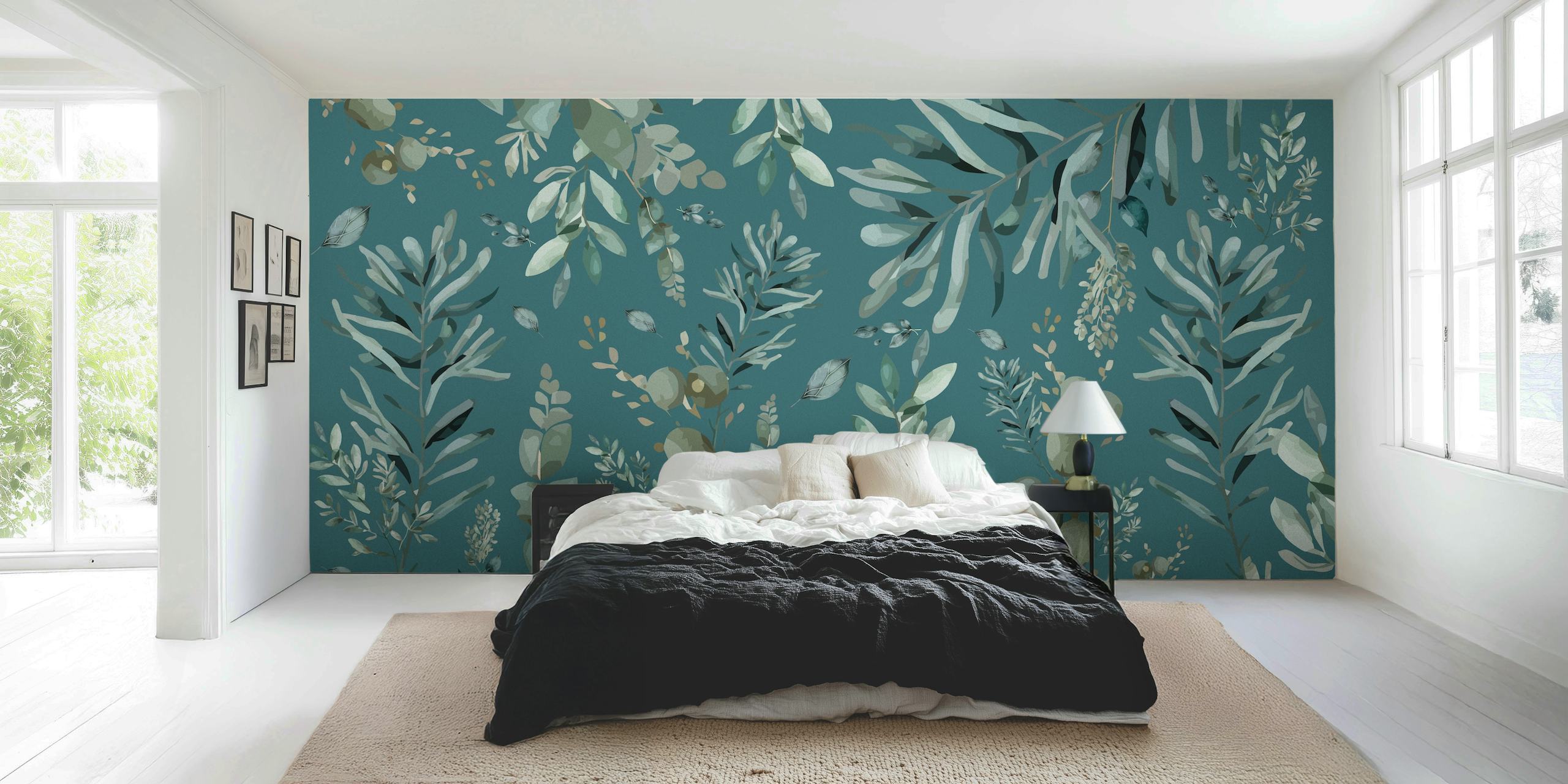 Green leafy botanical wallpaper with various shades of green and blue
