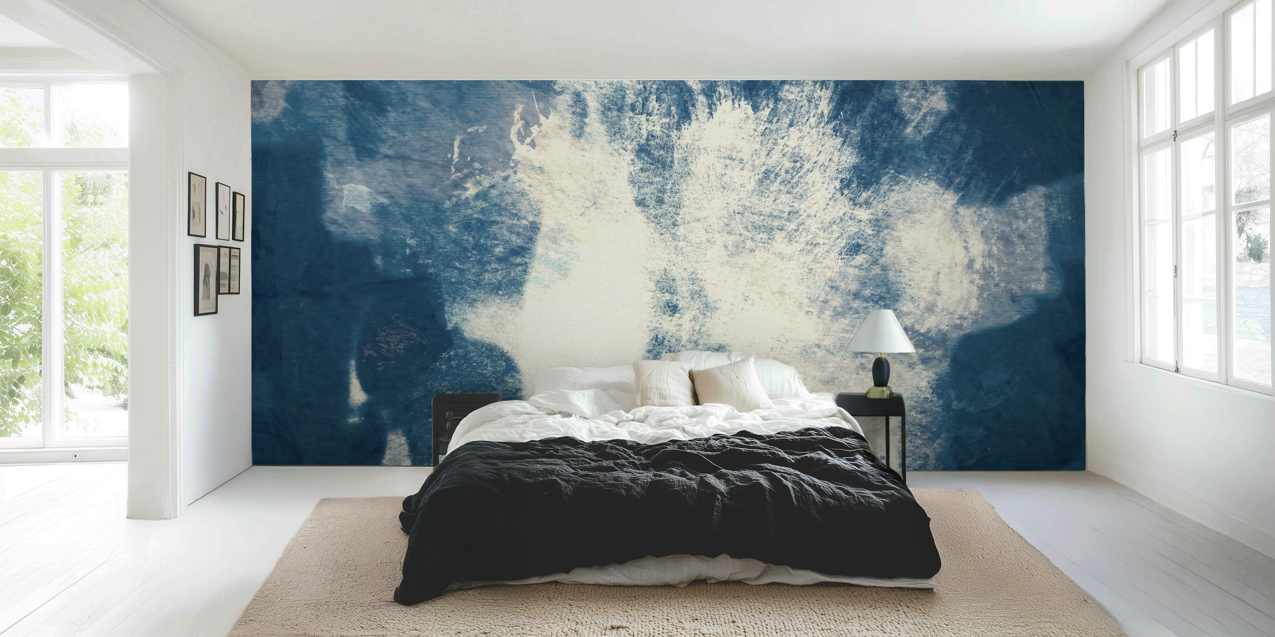 Vægmaleri i japansk Wabi Sabi-stil med indigo, marineblå og cremefarver