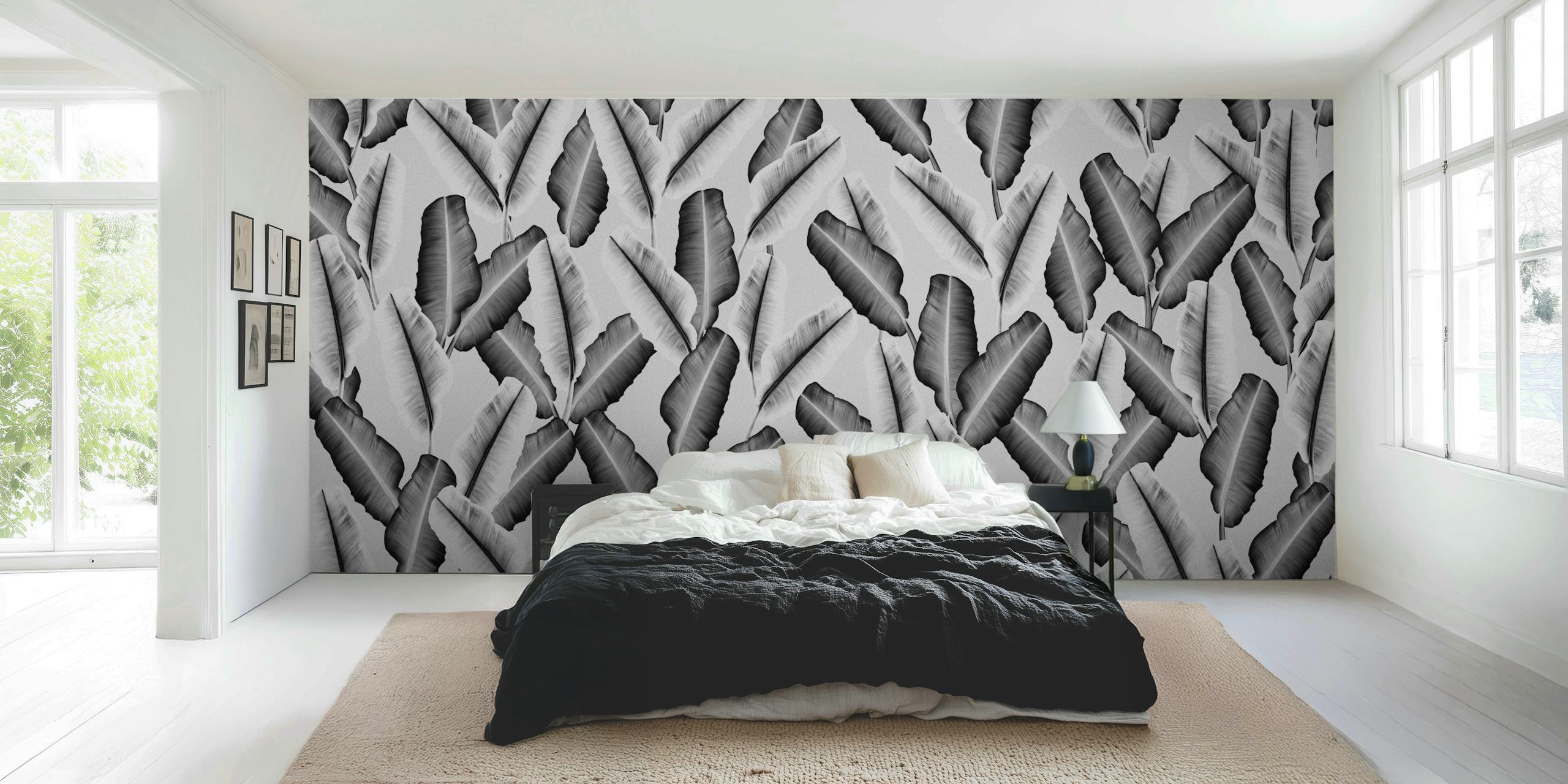Papier peint mural élégant à sticker de feuilles de bananier tropicales en niveaux de gris