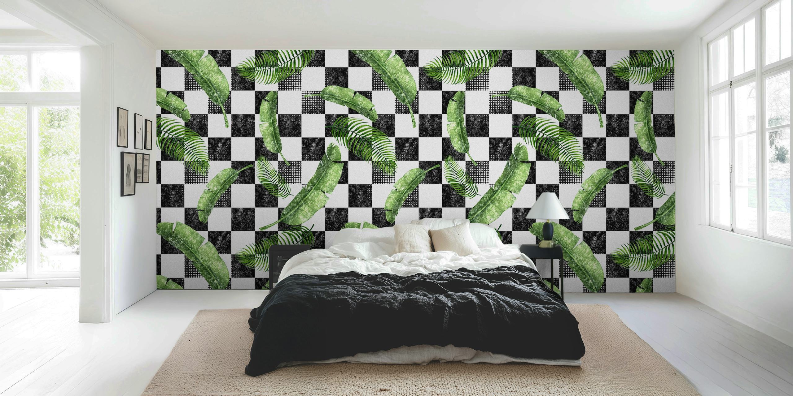 Banana leaves on alternating black and white chessboard pattern wall mural