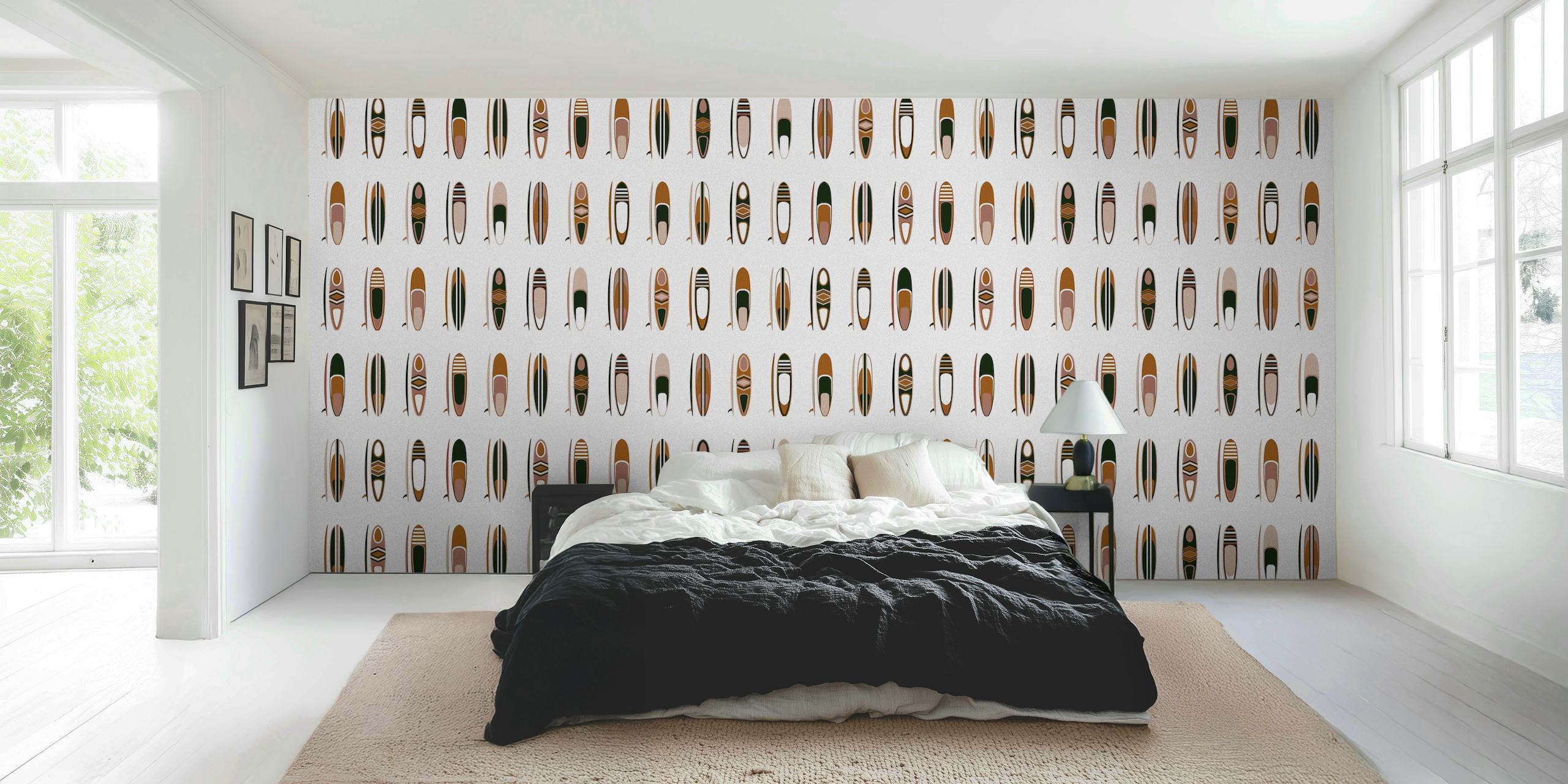 Tropical wallpaper featuring various surfboards in brown, green, and beige on a white background.
