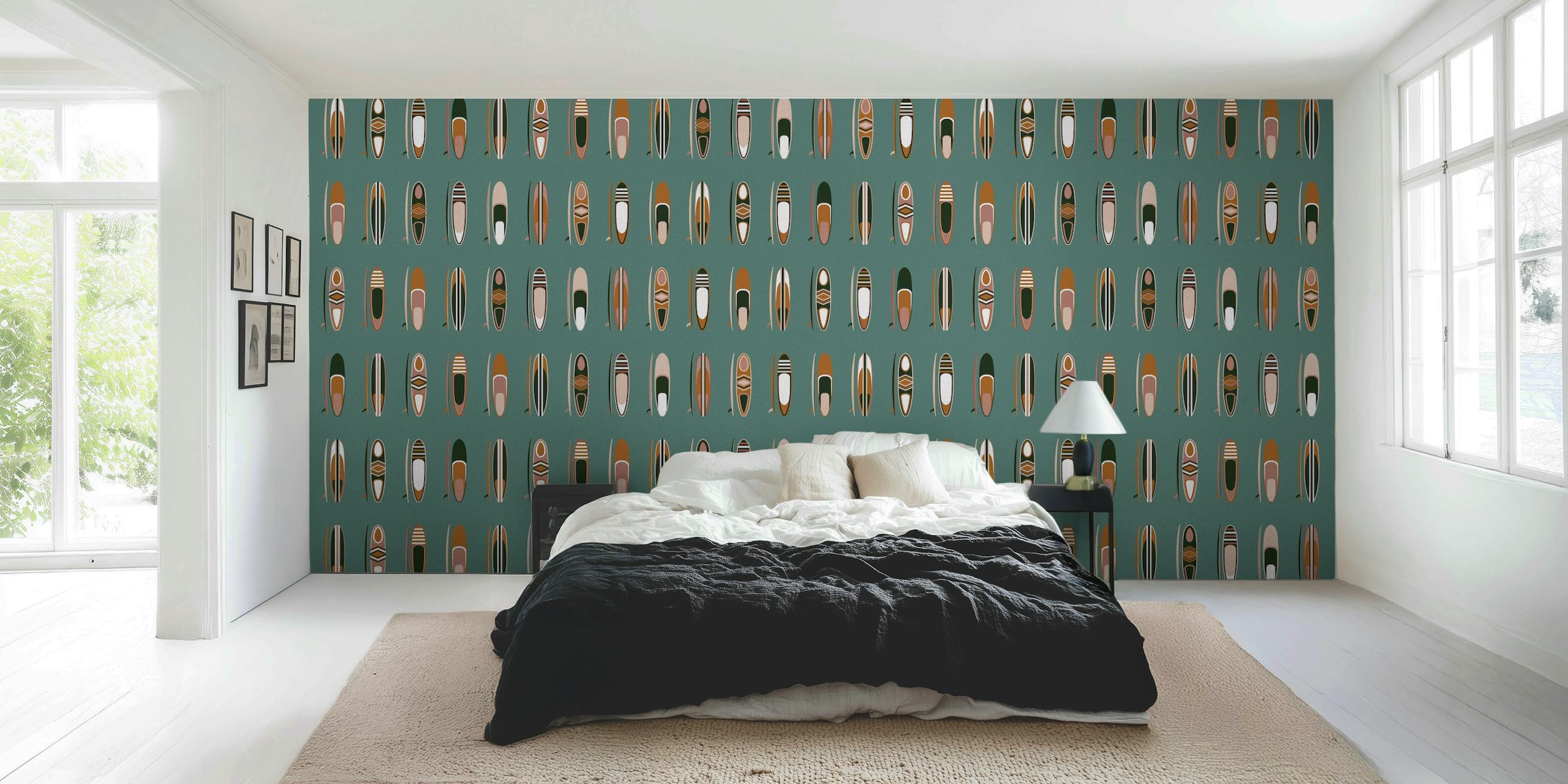 Vintage surfboard pattern wallpaper in a room