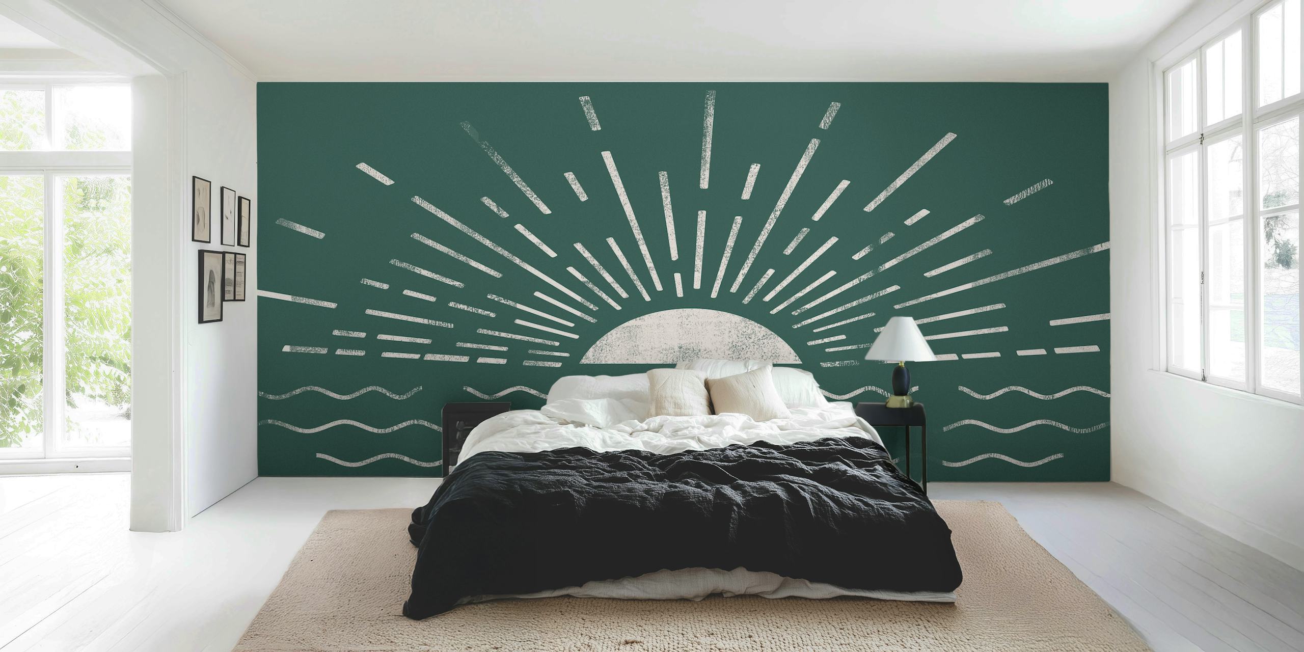 Sunburst design with waves in green and white vintage wallpaper