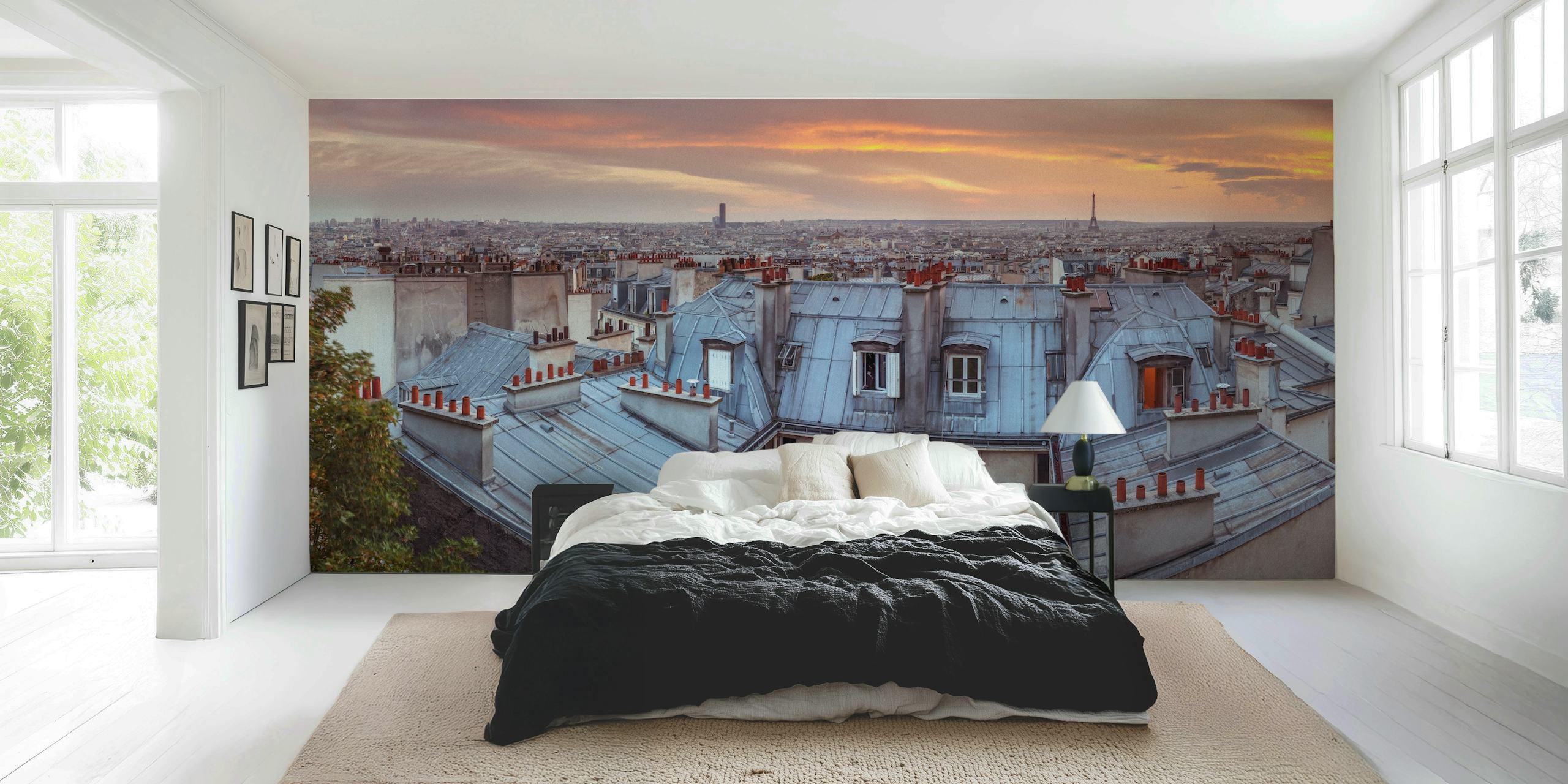 Cityscape of Paris rooftops at sunset wallpaper