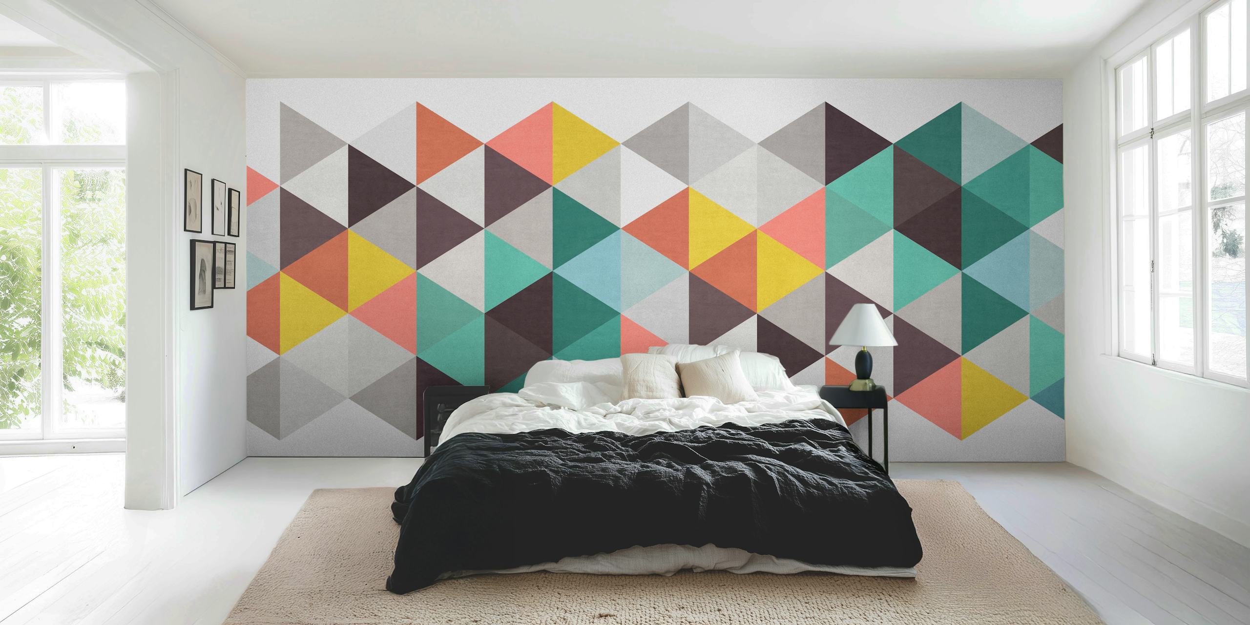 Colorful geometric triangular pattern wall mural for modern interior decor.