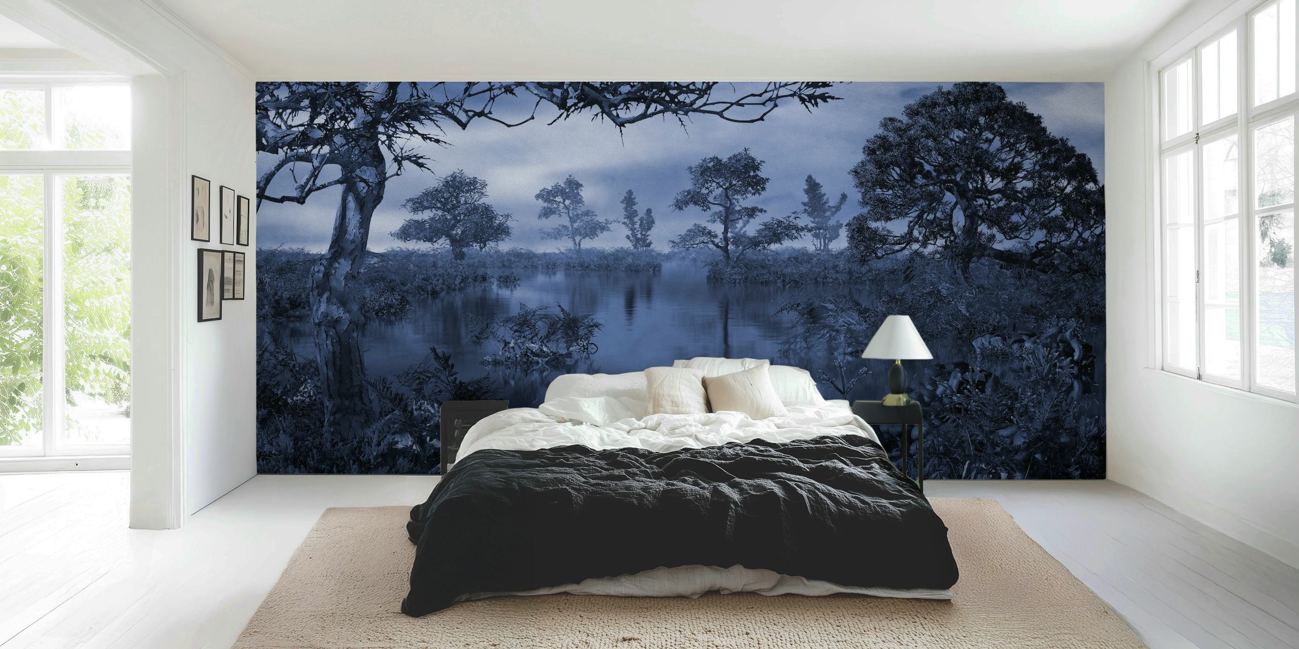 Fotomural bosque otoñal azul monocromo con atmósfera brumosa