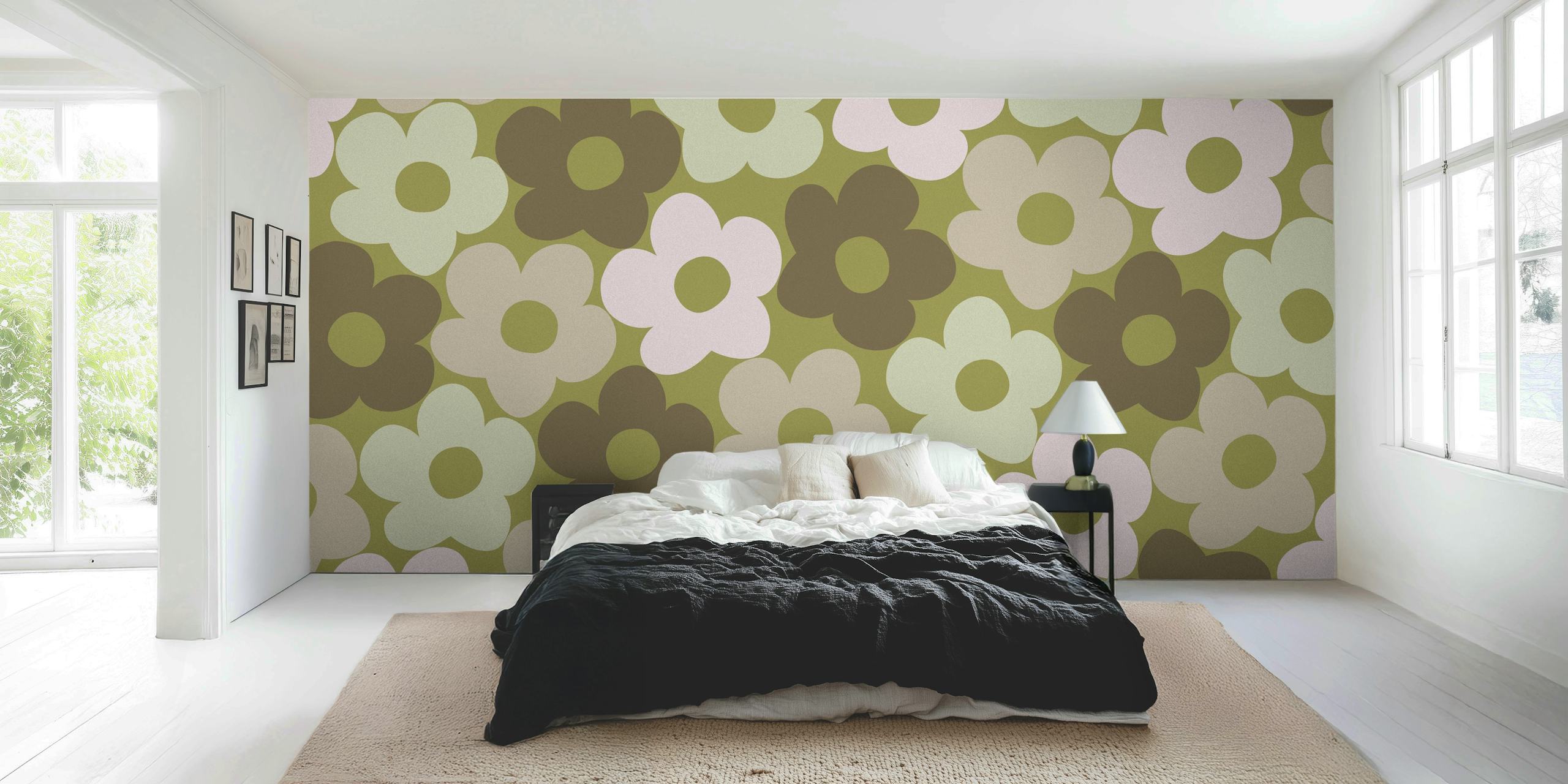 Carta da parati retrò Fall Daisies con fiori verde terra e crema