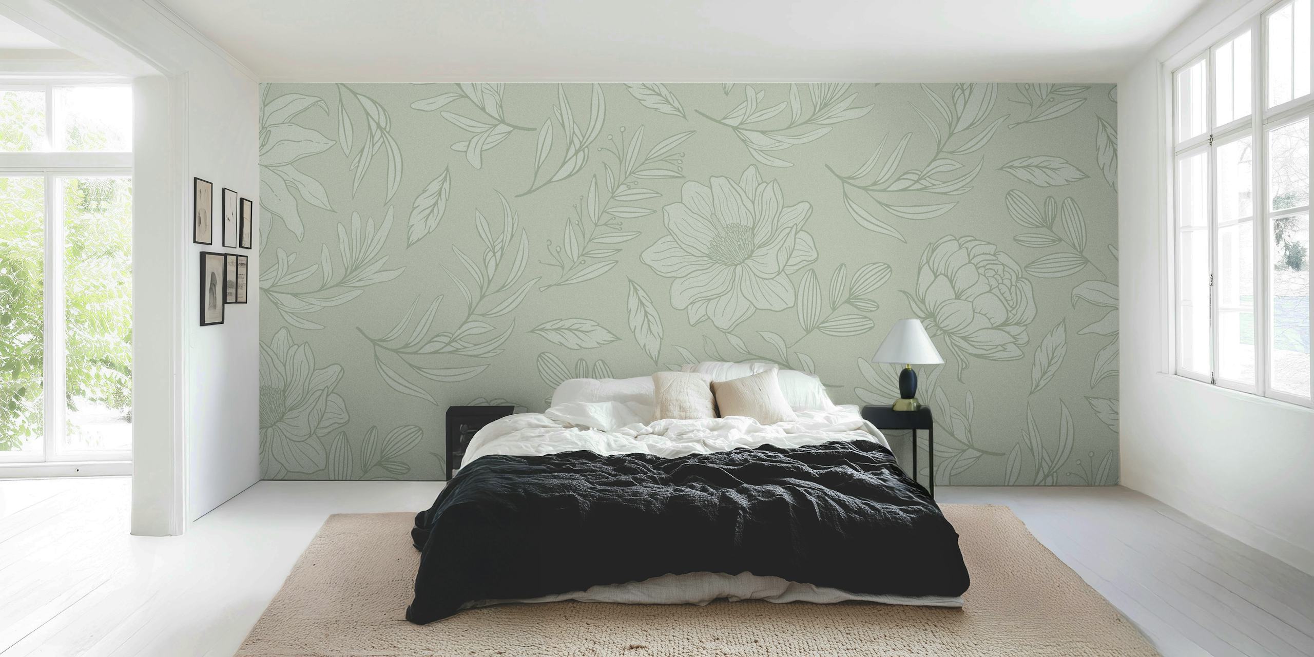 Floral patterns in light green with detailed line art wallpaper