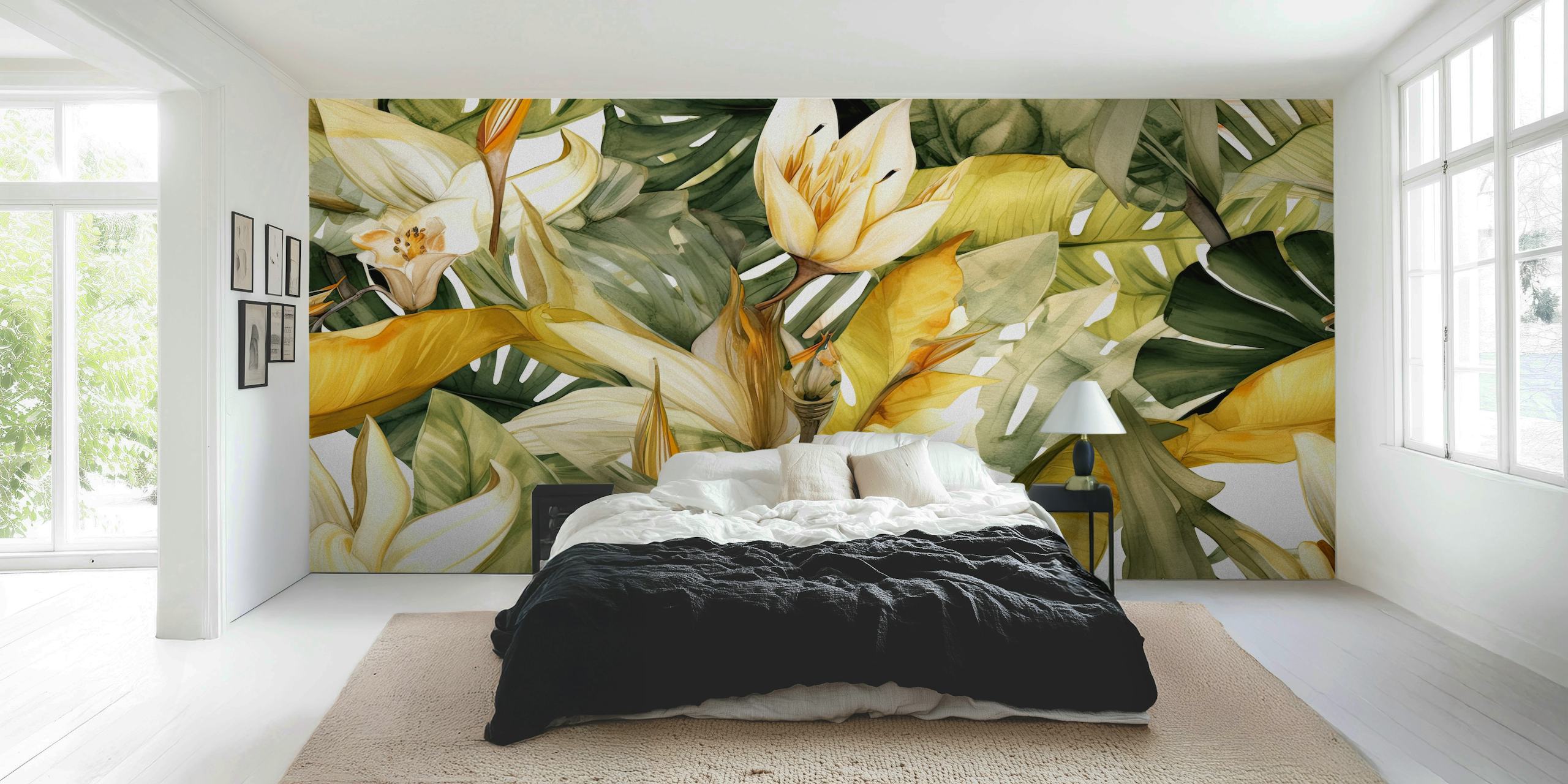Tropical floral wallpaper with green leaves and white flowers