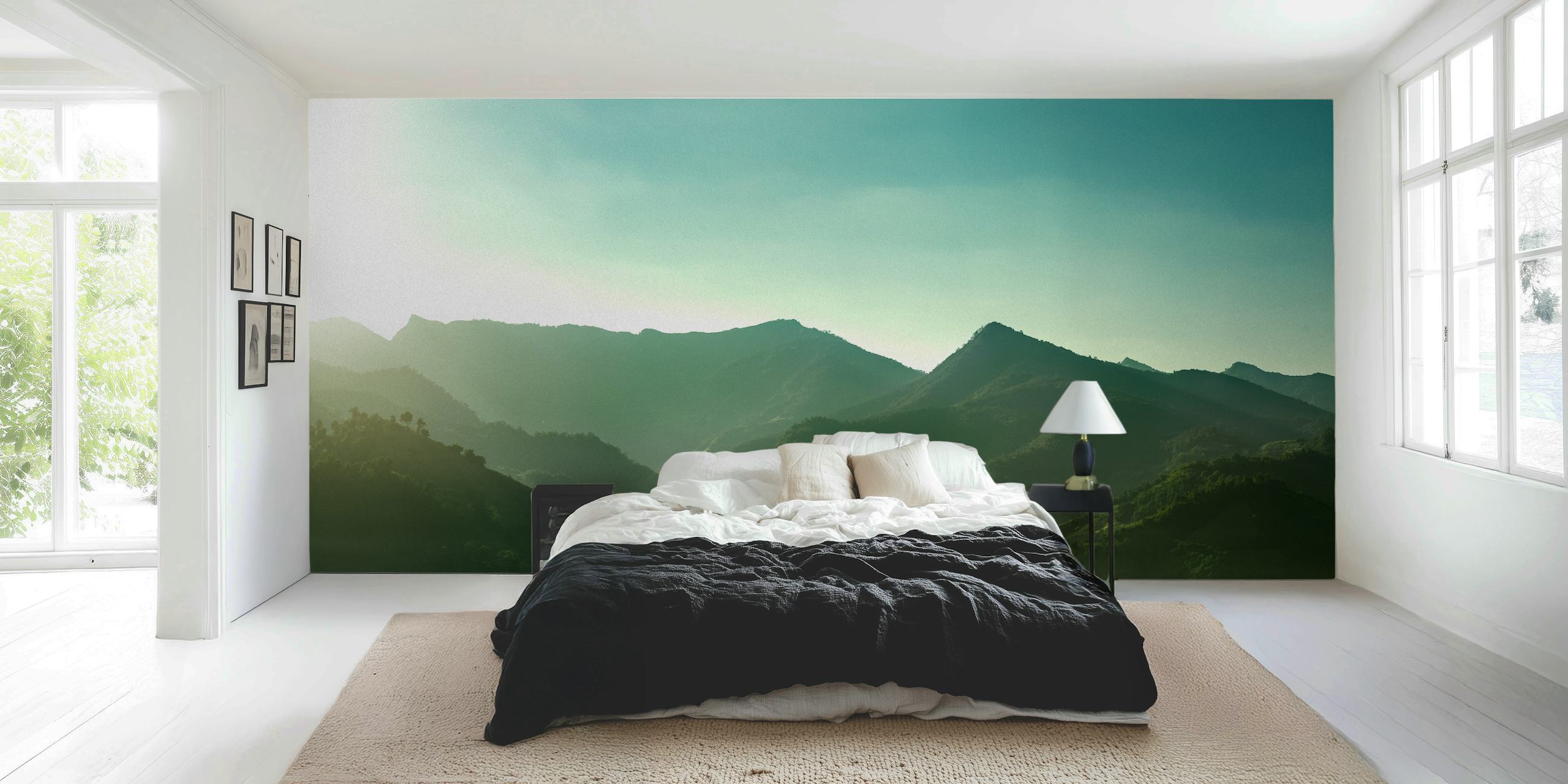 Calm mountains in misty green tones wallpaper
