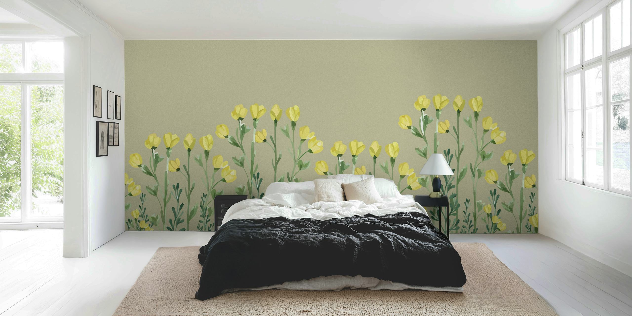 Yellow flowers with green stems on soft green background wallpaper