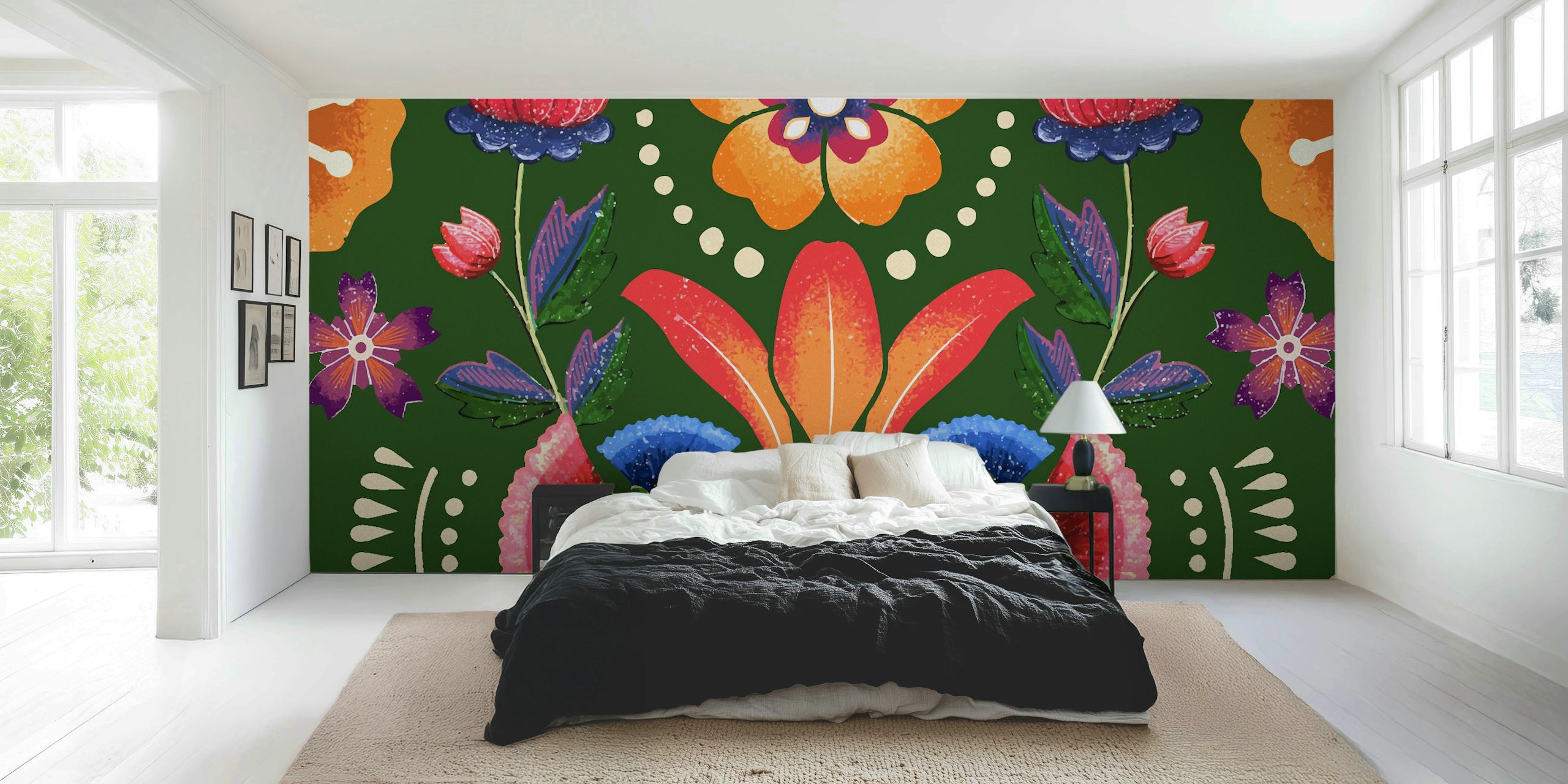 Floral pattern with red, blue, and orange flowers on green wallpaper