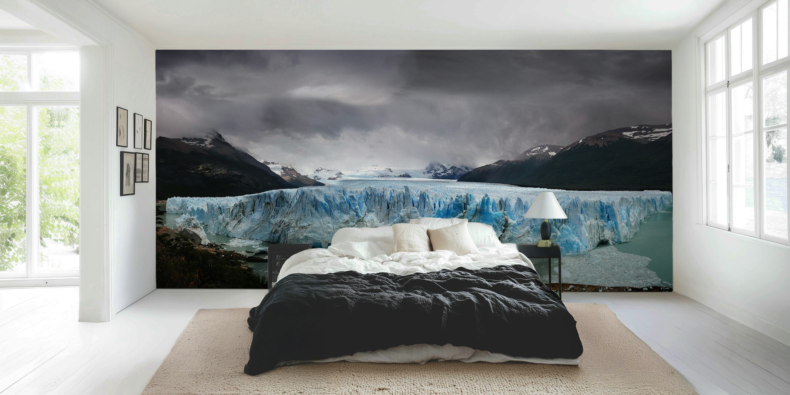 Glacier landscape with blue ice and dark mountains wallpaper